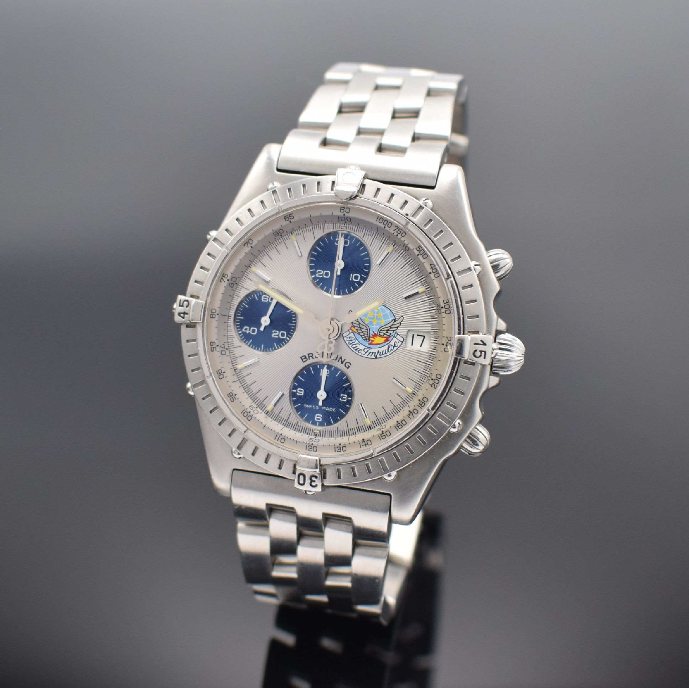 BREITLING Chronomat Sondermodell Blue Impulse auf 1000 Stück limitierte Herrenarmbanduhr mit Chronograph Referenz A13048, Schweiz um 1996, ...