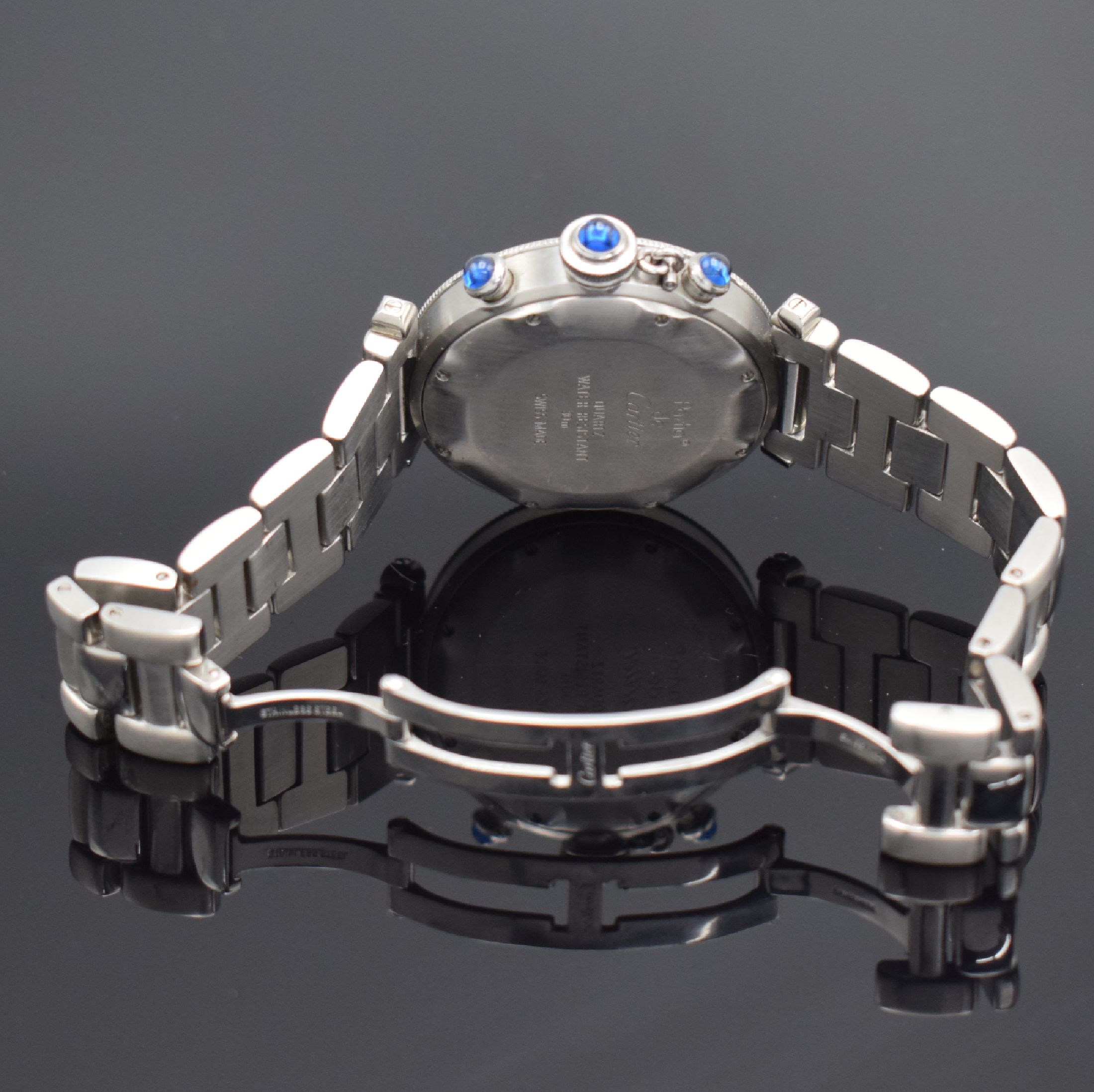 Detail f: CARTIER Armbandchronograph Pasha, Schweiz um 1995, quarz, Edelstahlgeh., Boden verschr., eins. drehb. Lünette, Gliederband m. dopp. Faltschl., silb. ...