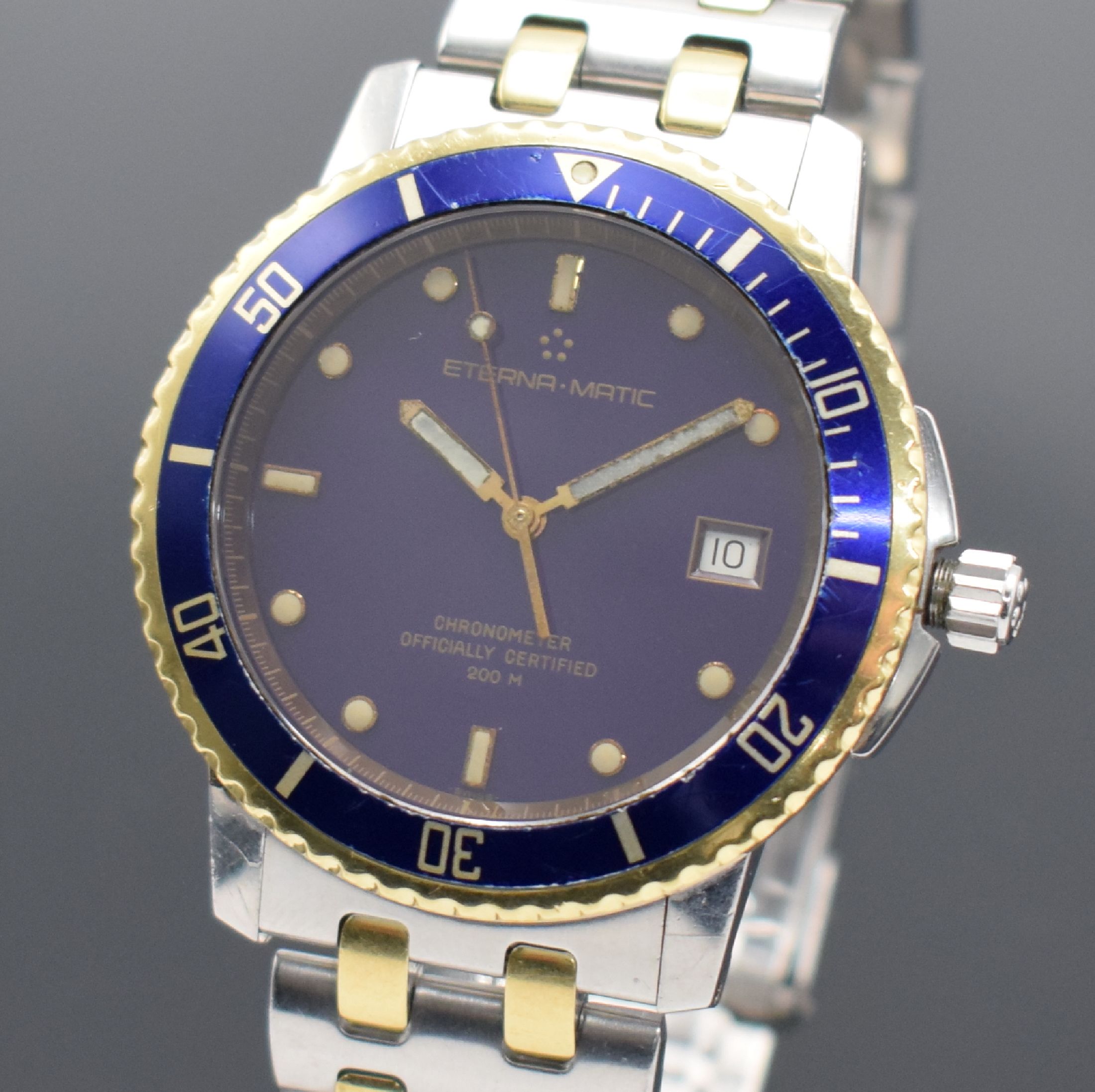 Detail a: ETERNA-MATIC Chronometer Kontiki Herrenarmbanduhr Referenz 629.1400.47S, Schweiz um 2000, Automatik, Edelstahl & Gold komb., Boden geschr., Tubus & ...