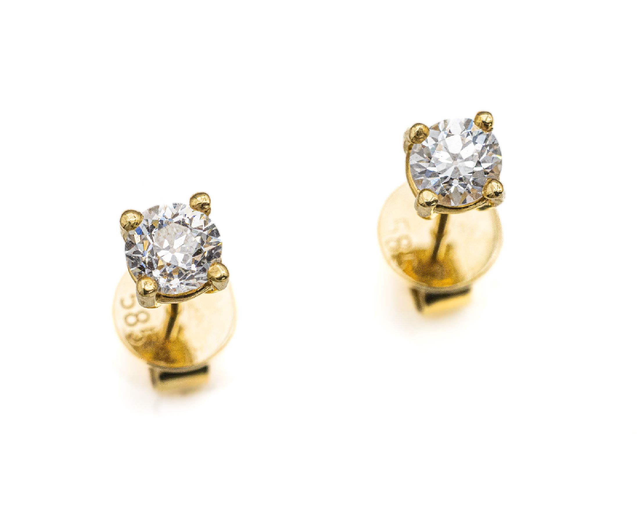 Paar 14 kt Gold Diamant-Ohrstecker, GG 585/000, 2 Altschliffdiamanten zus. ca. 0.81 ct Weiß/si-p