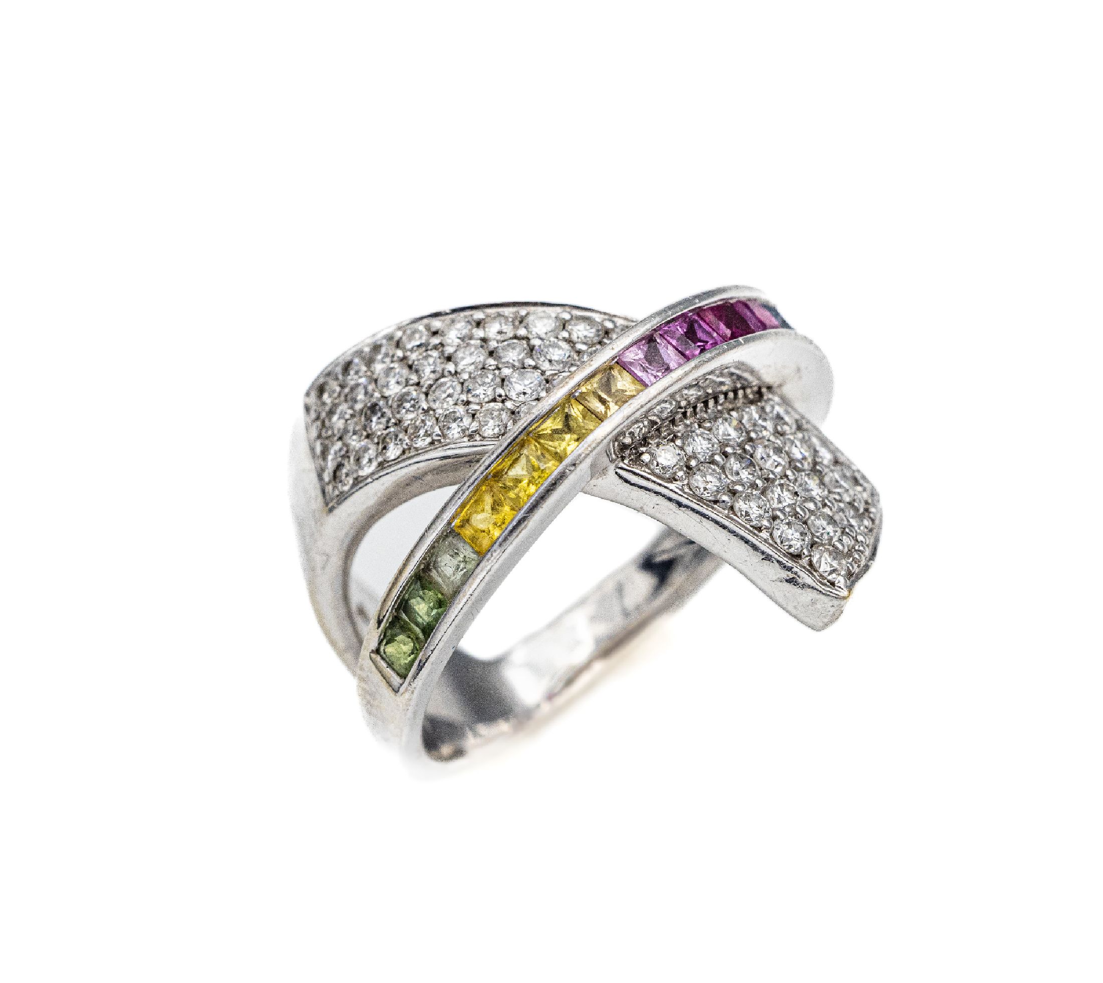 14 kt Gold Brillant-Saphir-Ring, WG 585/000, außergewöhnliche Gestaltung, 51 Brillanten zus. ca. 1.50 ct feines Weiß -Weiß/si-p, 15 ...
