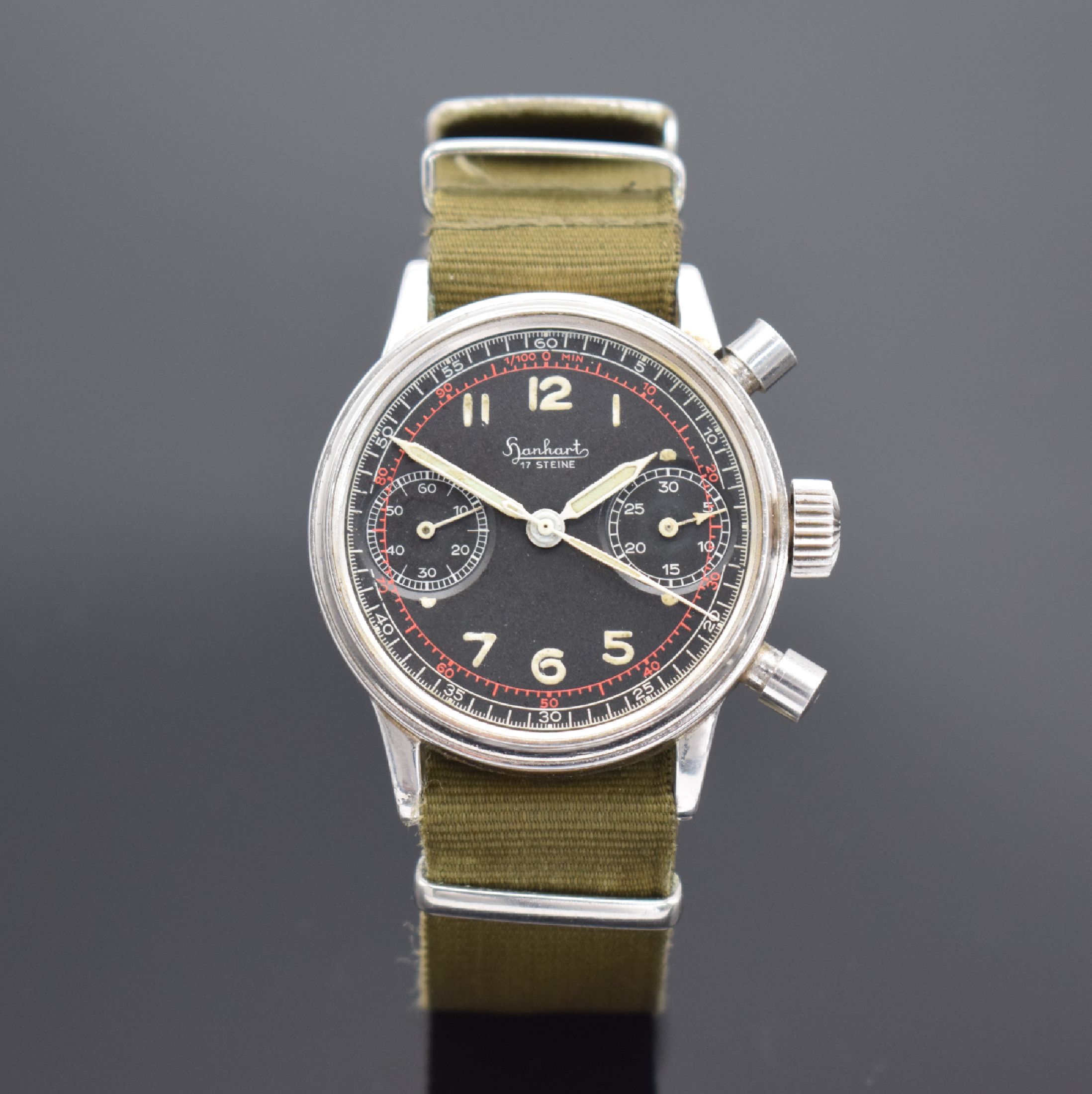 HANHART seltener Flieger-Schaltradchronograph mit Flyback, Deutschland um 1955, Handaufzug, später vers. Geh. ohne Drehlünette, verschr. Boden, ...