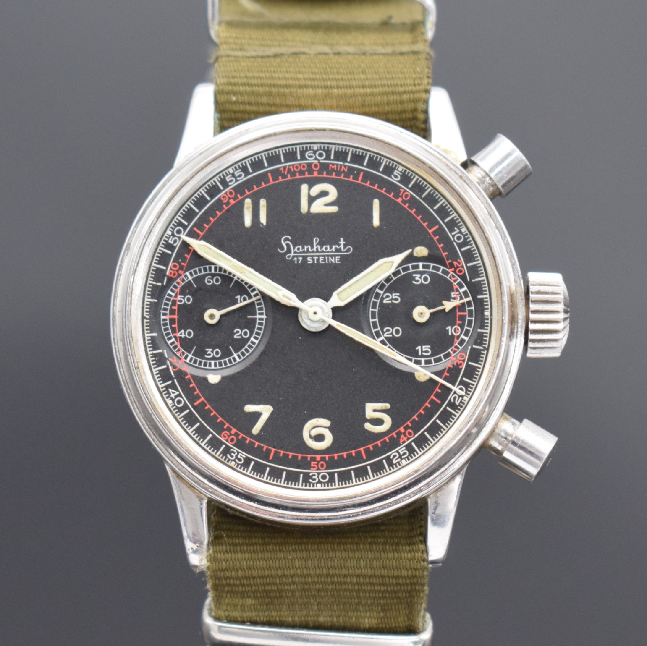 Detail a: HANHART seltener Flieger-Schaltradchronograph mit Flyback, Deutschland um 1955, Handaufzug, später vers. Geh. ohne Drehlünette, verschr. Boden, ...