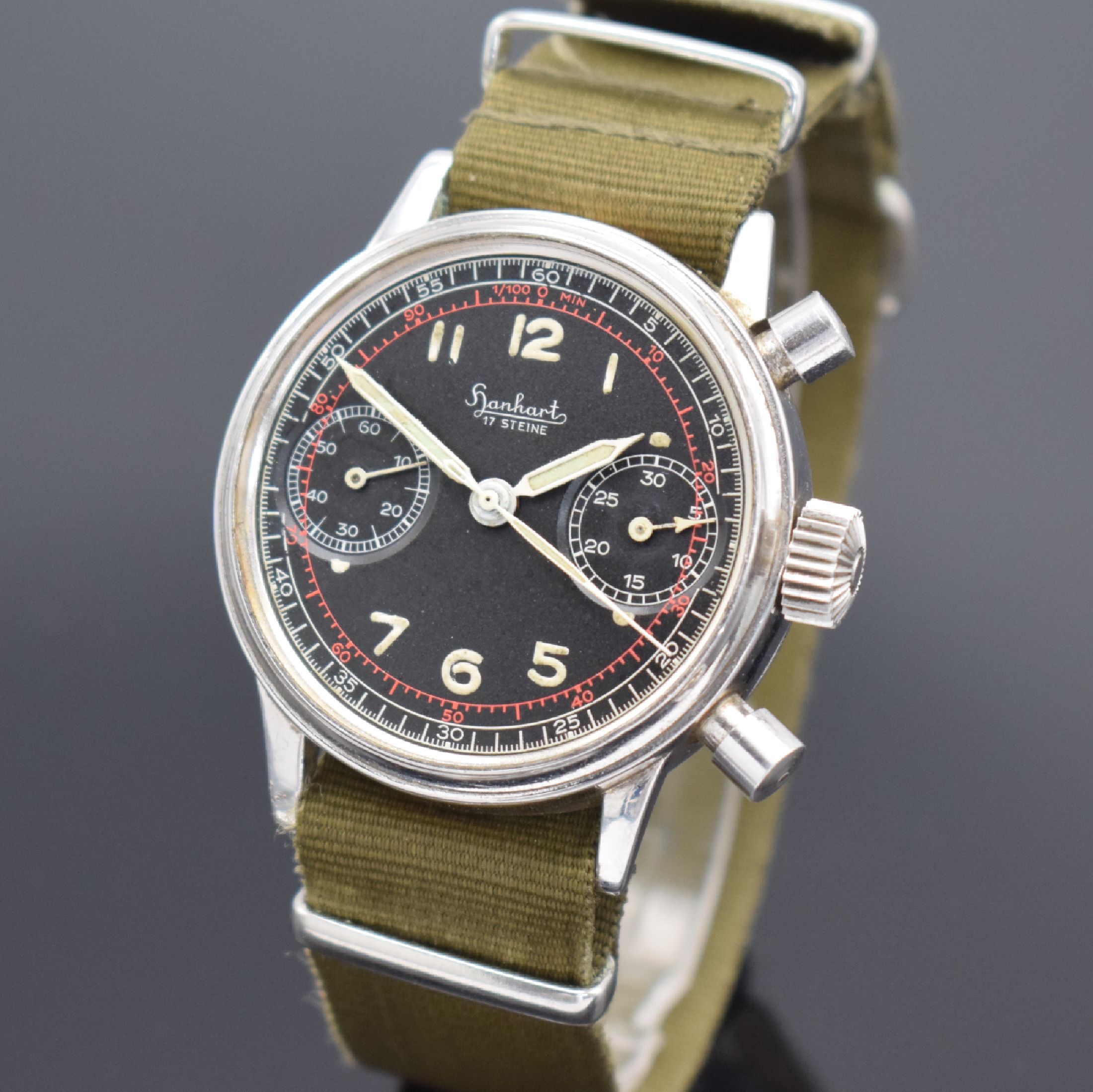 Detail b: HANHART seltener Flieger-Schaltradchronograph mit Flyback, Deutschland um 1955, Handaufzug, später vers. Geh. ohne Drehlünette, verschr. Boden, ...
