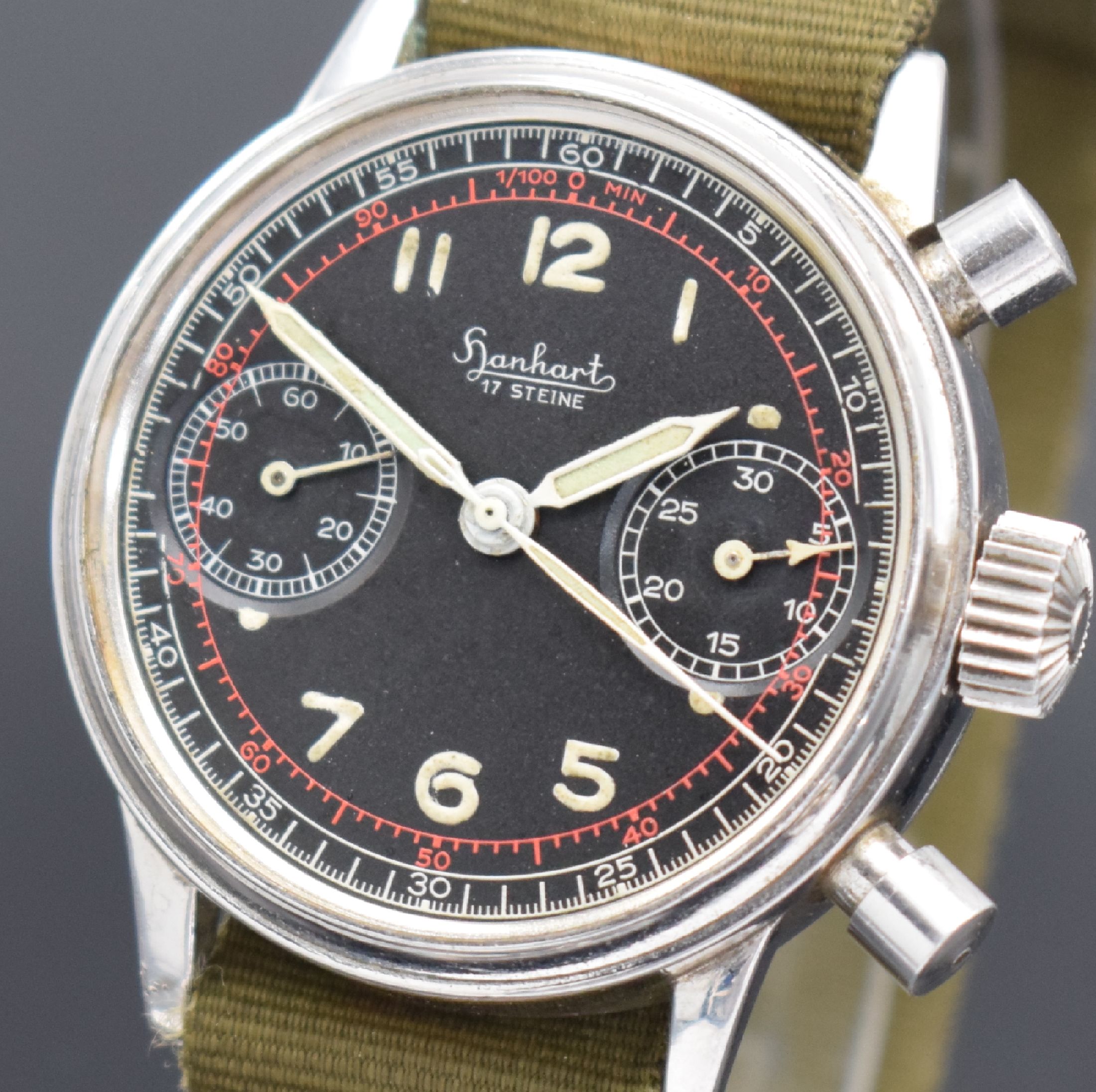 Detail c: HANHART seltener Flieger-Schaltradchronograph mit Flyback, Deutschland um 1955, Handaufzug, später vers. Geh. ohne Drehlünette, verschr. Boden, ...