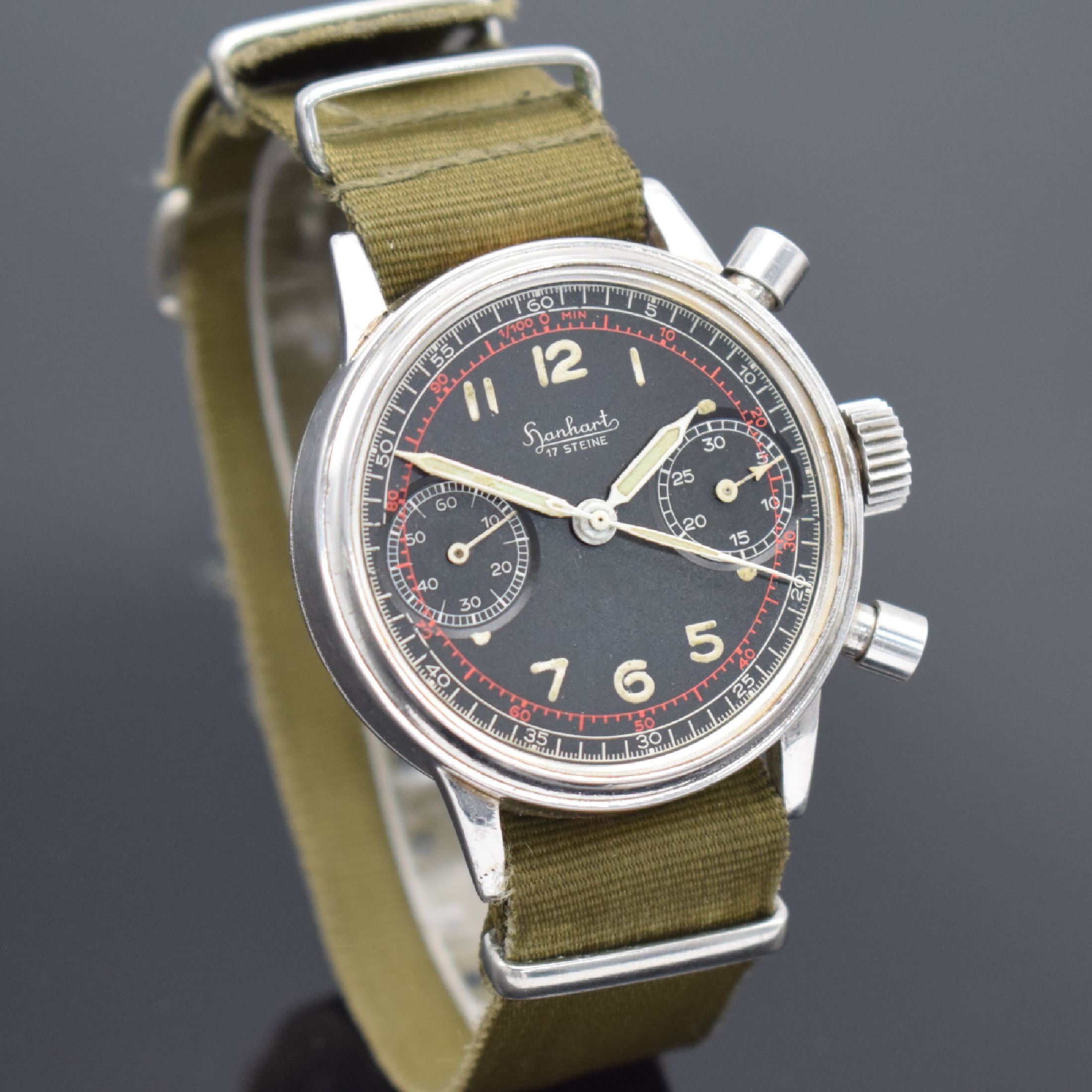 Detail d: HANHART seltener Flieger-Schaltradchronograph mit Flyback, Deutschland um 1955, Handaufzug, später vers. Geh. ohne Drehlünette, verschr. Boden, ...