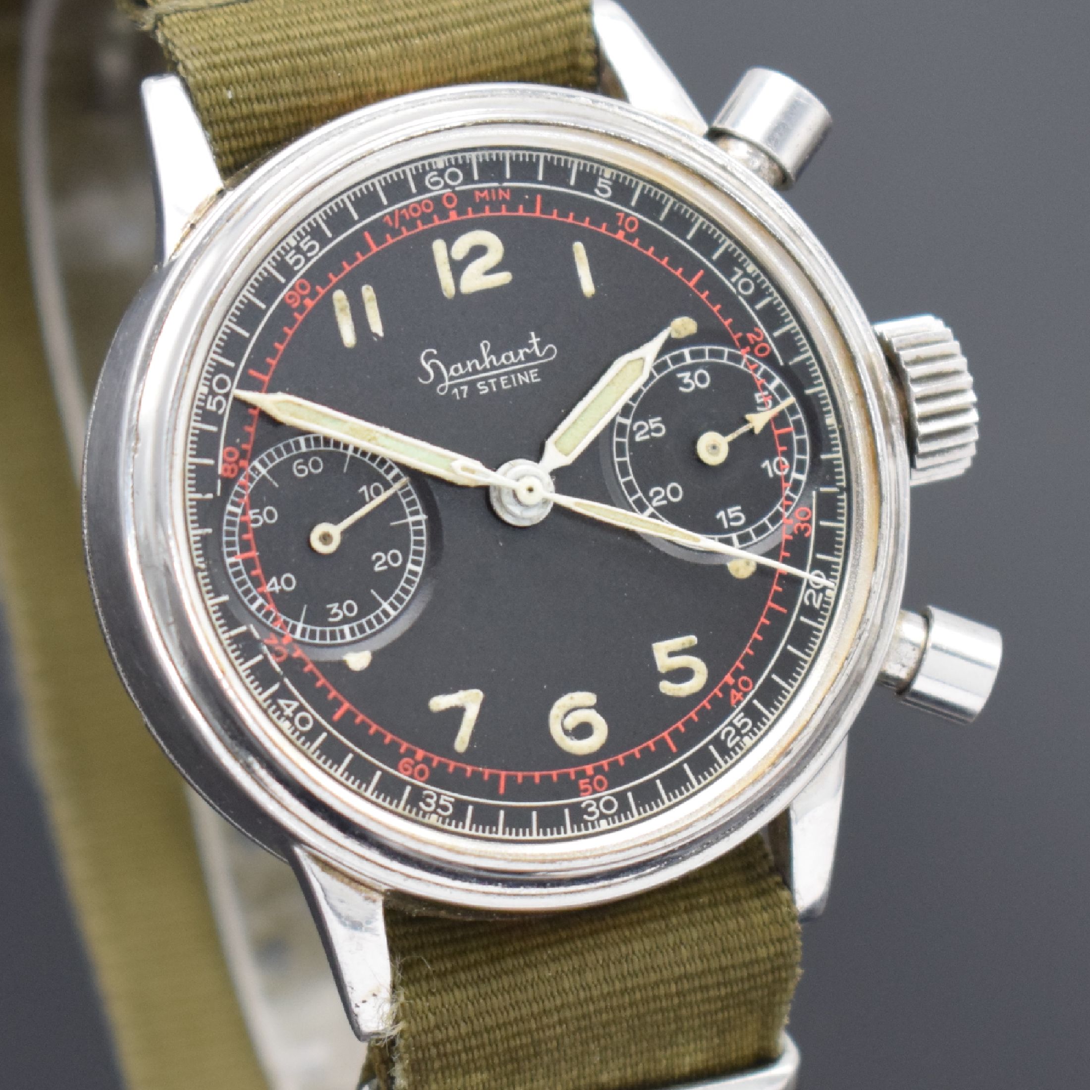 Detail e: HANHART seltener Flieger-Schaltradchronograph mit Flyback, Deutschland um 1955, Handaufzug, später vers. Geh. ohne Drehlünette, verschr. Boden, ...
