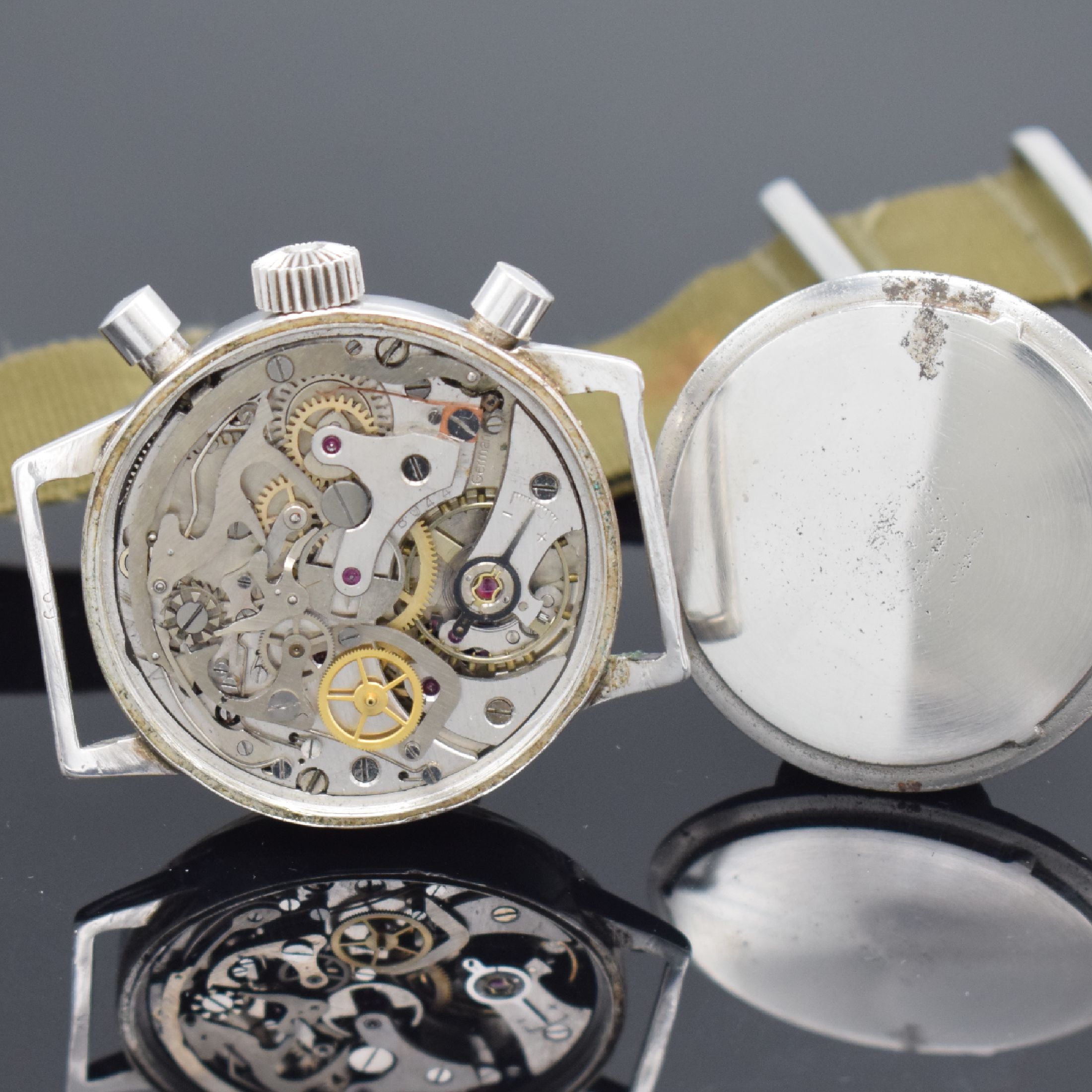 Detail f: HANHART seltener Flieger-Schaltradchronograph mit Flyback, Deutschland um 1955, Handaufzug, später vers. Geh. ohne Drehlünette, verschr. Boden, ...