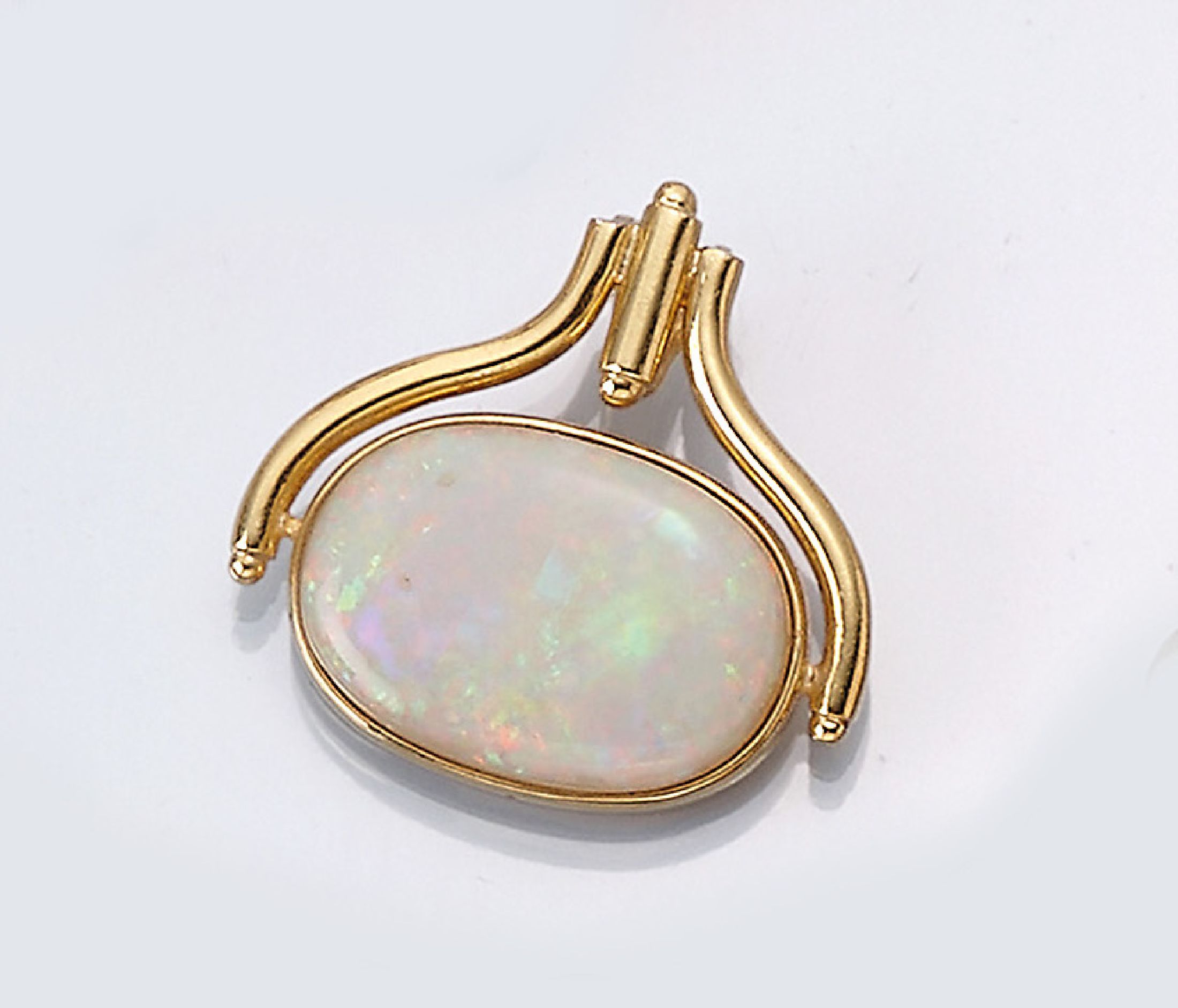 18 kt Gold Opal-Anhänger, GG 750/000, ovaler Opalcabochon ca. 5.0 ct, sehr schönes intensives Farbspiel in Grün, Gelb, Rot und Blau, ca. 2.5 x ...