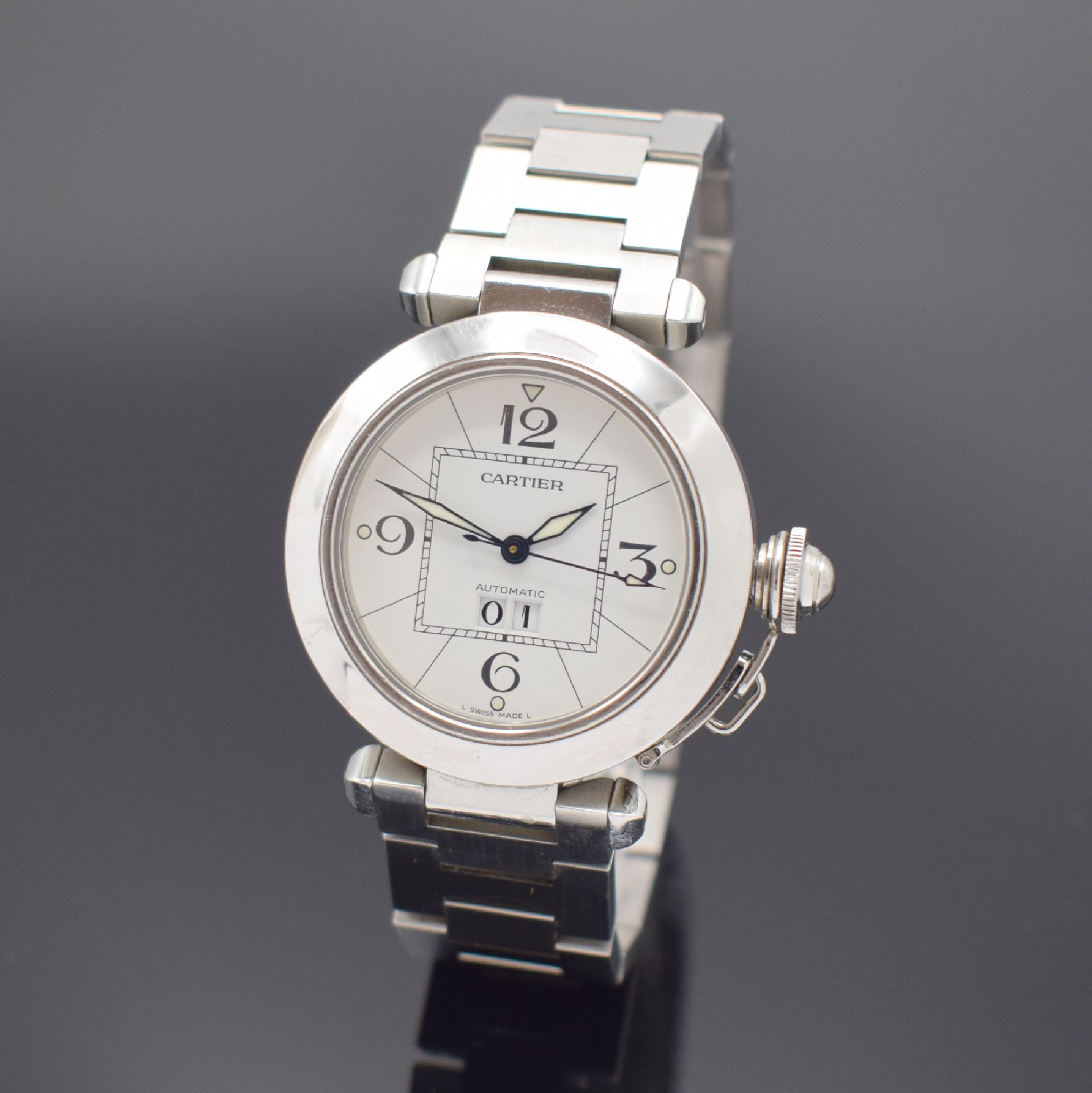 CARTIER Pasha C Armbanduhr Referenz 2475 in Stahl, Schweiz um 2003, Automatik, 8-fach verschr. Geh., integr. orig. Stahlband m. dopp. Faltschl., ...