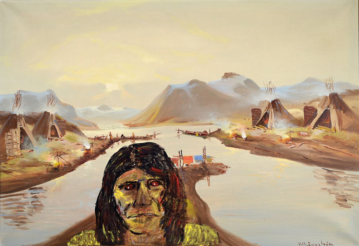 Vilhelm Oskar Engström, 1830-1877 Düsseldorf, Zeltlager der Sami an einem Fjord in Lappland, Öl/Lwd, rechts unten signiert, ca. 67x97cm, R.