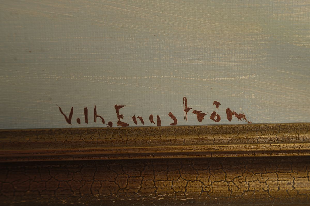 Detail a: Vilhelm Oskar Engström, 1830-1877 Düsseldorf, Zeltlager der Sami an einem Fjord in Lappland, Öl/Lwd, rechts unten signiert, ca. 67x97cm, R.