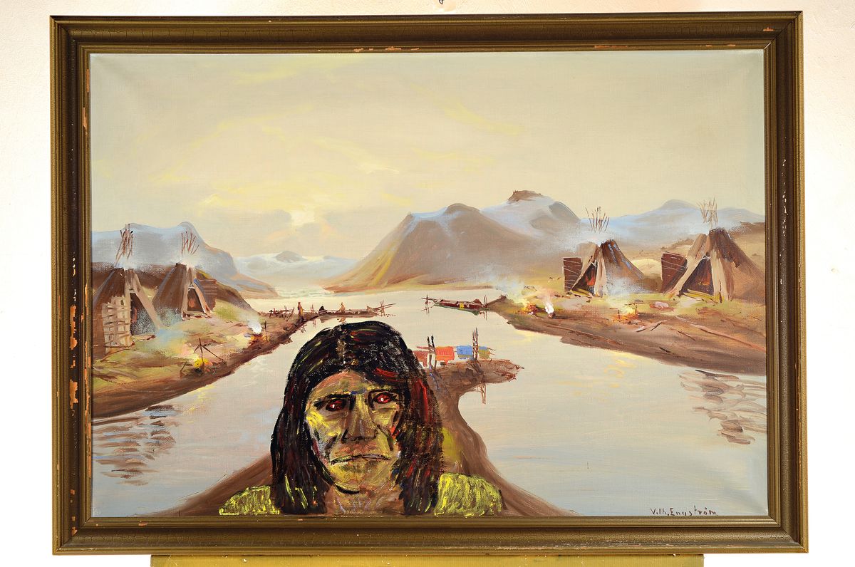 Detail k: Vilhelm Oskar Engström, 1830-1877 Düsseldorf, Zeltlager der Sami an einem Fjord in Lappland, Öl/Lwd, rechts unten signiert, ca. 67x97cm, R.