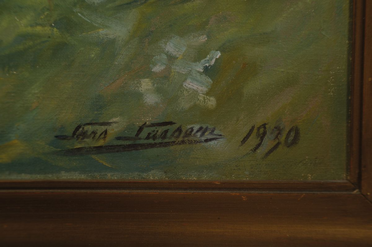 Detail a: Lars Larsen, 1876-1955, Vater und Tochter bei der Rast unter Bäumen, im Hintergrund die Pferde, Öl/Lwd, rechts unten signiert, und dat. 1930, ca. ...