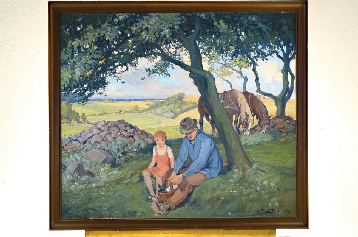 Detail k: Lars Larsen, 1876-1955, Vater und Tochter bei der Rast unter Bäumen, im Hintergrund die Pferde, Öl/Lwd, rechts unten signiert, und dat. 1930, ca. ...