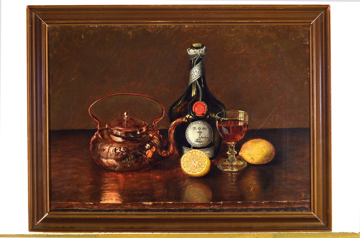 Detail k: Unbekannter Maler des frühen 20. Jh., Stillleben mit Flasche, Weinglas, Teekessel und Zitronen, Öl/Lwd, unsigniert, ca. 37x53cm, R. ca. 44x59cm
