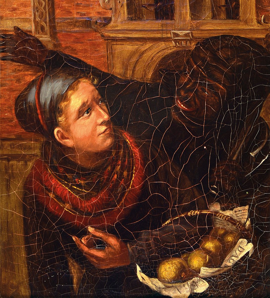 Unbekannter Künstler, 2. Hälfte 19. Jh., Der Kaufmann von Venedig mit Kundin, Öl/Lwd, krakeliert, ca. 45x40cm, R. ca. 69x65cm