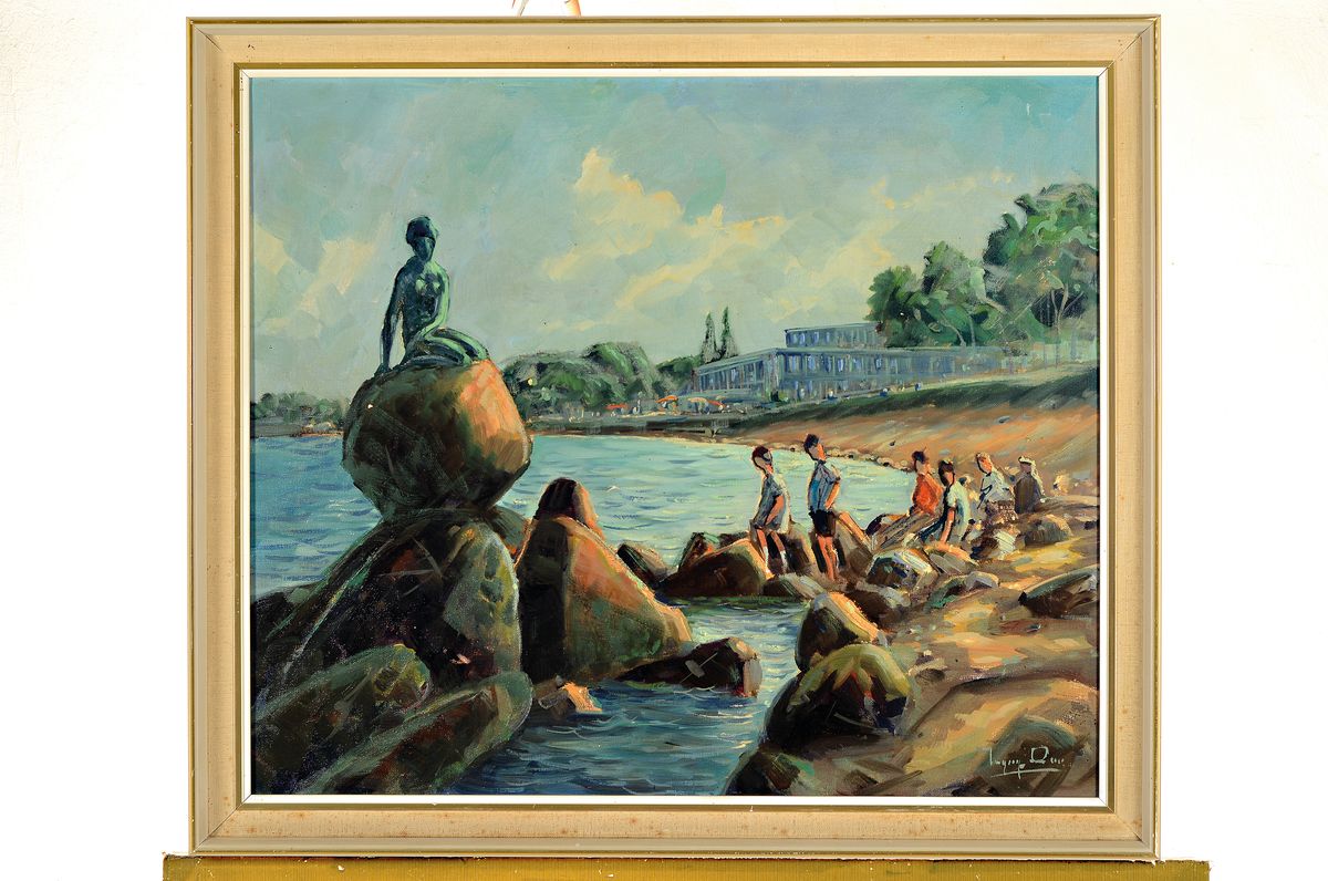 Detail k: Ingolf Due, geb. 1912 Kopenhagen, Personen am Strand von Kopenhagen, die kleine Meerjungfrau bewundernd, Öl/Lwd, rechts unten signiert, ca. 55x65cm, ...