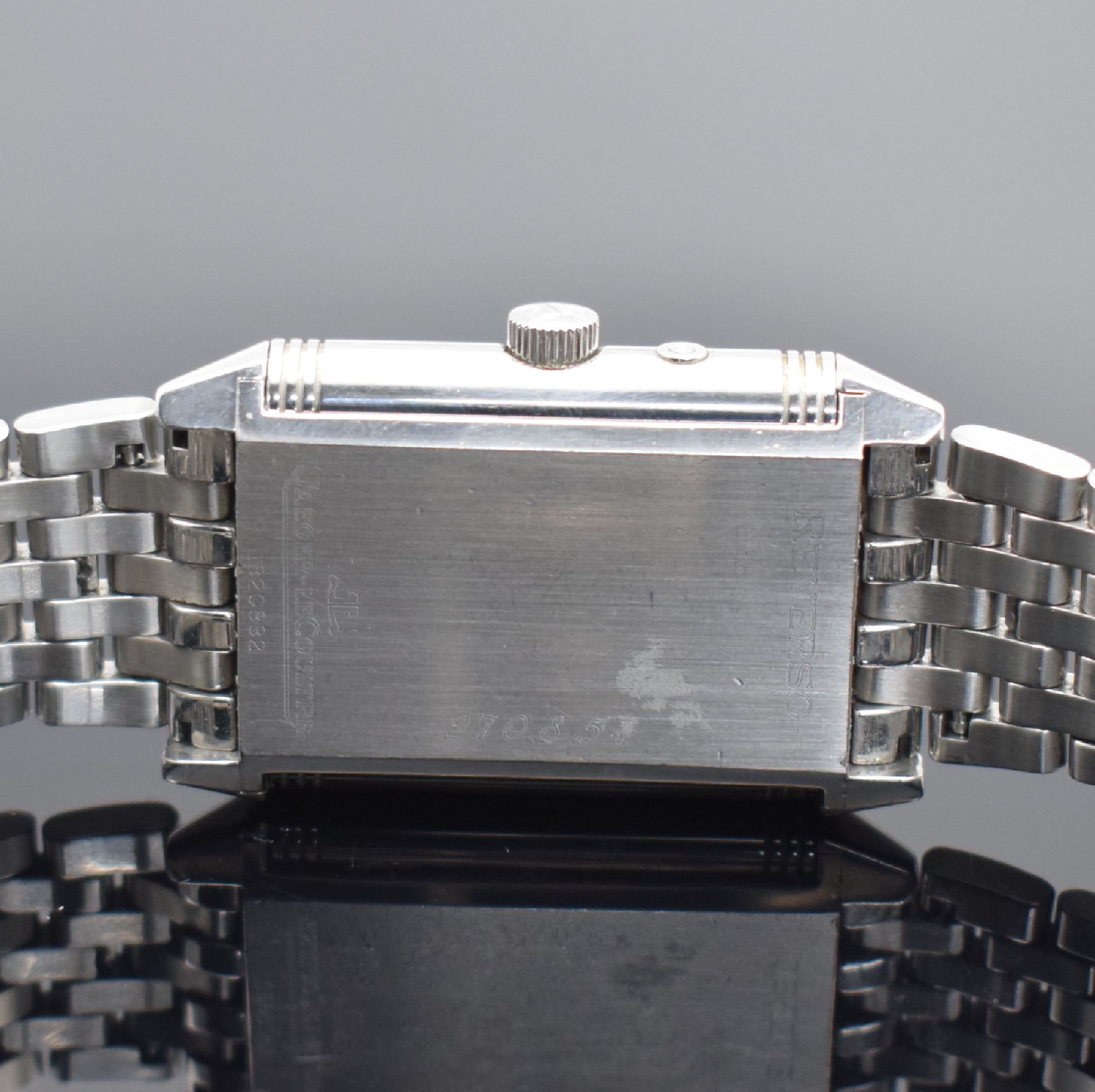 Detail e: Jaeger-LeCoultre Reverso Duoface Herrenarmbanduhr in Edelstahl Ref. 270.8.54, Schweiz um 2000, Handaufzug, Wendegehäuse, Gliederband m. dopp. ...