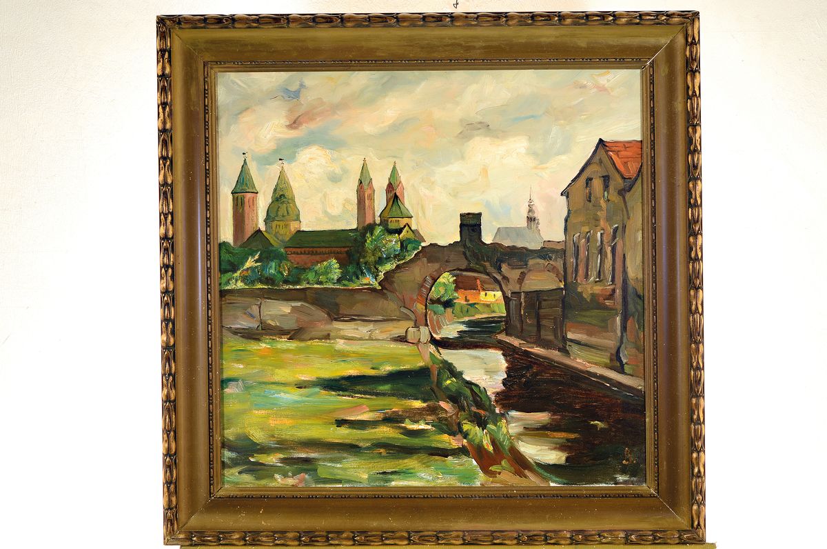 Detail k: Unbekannter Künstler der 1. Hälfte des 20. Jh., Blick auf den Speyerbach und den Dom zu Speyer, Öl/Lwd, ca. 62x62cm, R. ca. 77x77cm