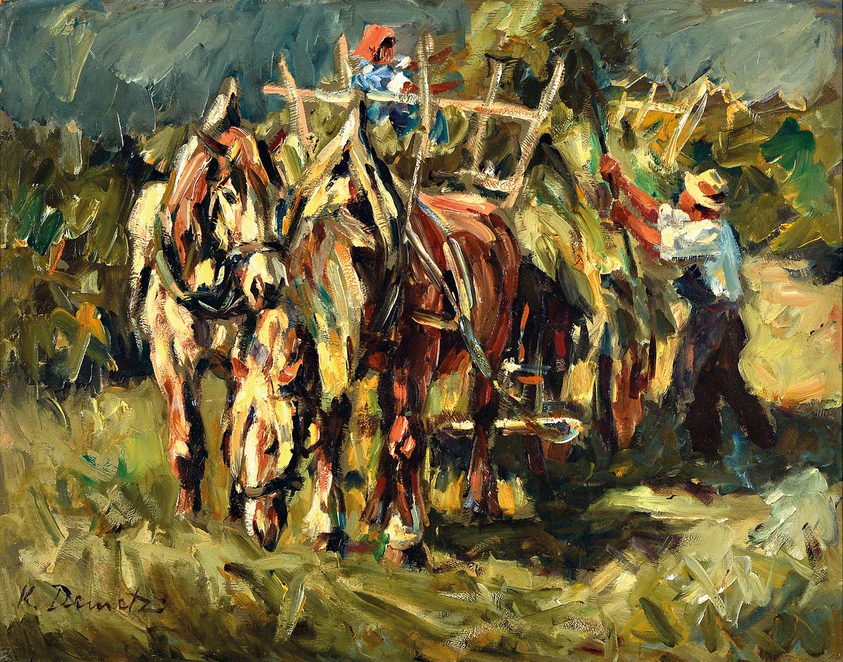 Karl Demetz, 1909 Trossingen - 1986 Apfelstetten, Lehre zum Dekorationsmaler, Studium an der Akademie Stuttgart, Heuernte, wohl Ölstudie, freier ...