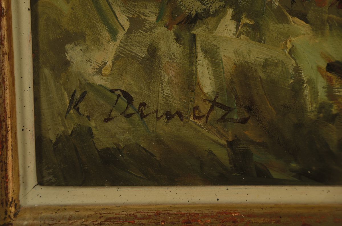 Detail a: Karl Demetz, 1909 Trossingen - 1986 Apfelstetten, Lehre zum Dekorationsmaler, Studium an der Akademie Stuttgart, Heuernte, wohl Ölstudie, freier ...
