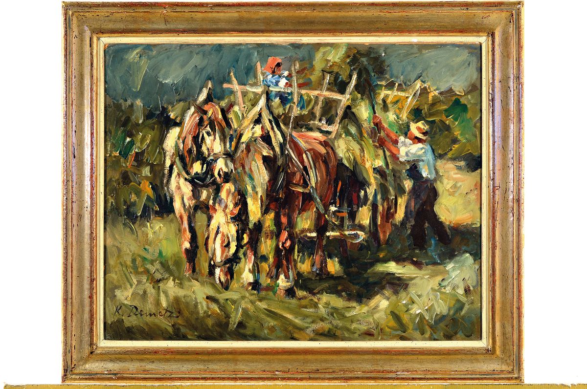 Detail k: Karl Demetz, 1909 Trossingen - 1986 Apfelstetten, Lehre zum Dekorationsmaler, Studium an der Akademie Stuttgart, Heuernte, wohl Ölstudie, freier ...