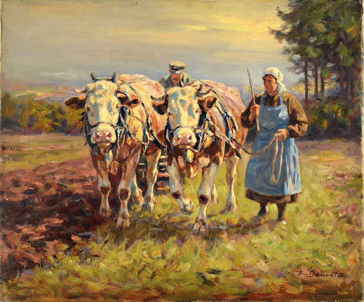 Karl Demetz, 1909 Trossingen - 1986 Apfelstetten, Lehre zum Dekorationsmaler, Studium an der Akademie Stuttgart, "Auf dem Acker", ...