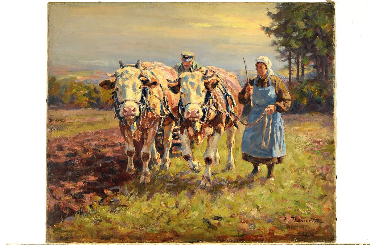 Detail k: Karl Demetz, 1909 Trossingen - 1986 Apfelstetten, Lehre zum Dekorationsmaler, Studium an der Akademie Stuttgart, "Auf dem Acker", ...