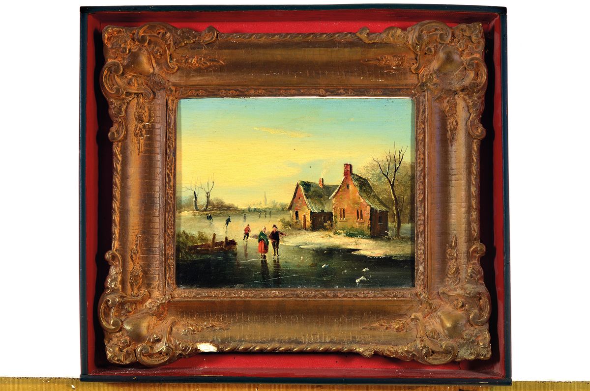 Detail k: Unbekannter niederländischer Traditionalist, 19.Jh., 2 Werke, je Öl/Holz, Eisvergnügen und Windmühle bei Vollmond, l. Oberflächenschäden, je ...