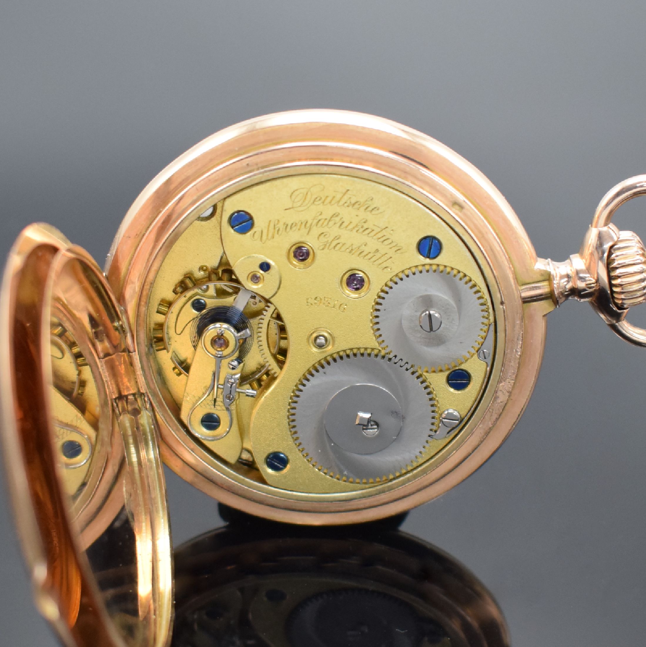 Detail g: A. LANGE & SÖHNE Deutsche Uhrenfabrikation Glashütte I/S Savonette in RG 585/000, Deutschland um 1906, glattes 3-Deckel Goldgeh.m. a-goutte l. ...