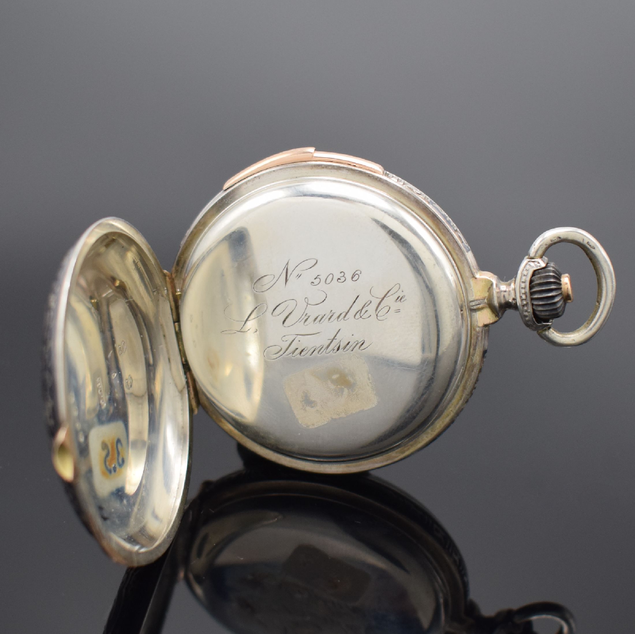 Detail e: L. URARD & Cie Tientsin Tulasilber Savonette mit 1/4-Std.-Repetition, Schweiz für den chines. Markt um 1900, Geh. in 935/000 Silber mit a-goute, ...