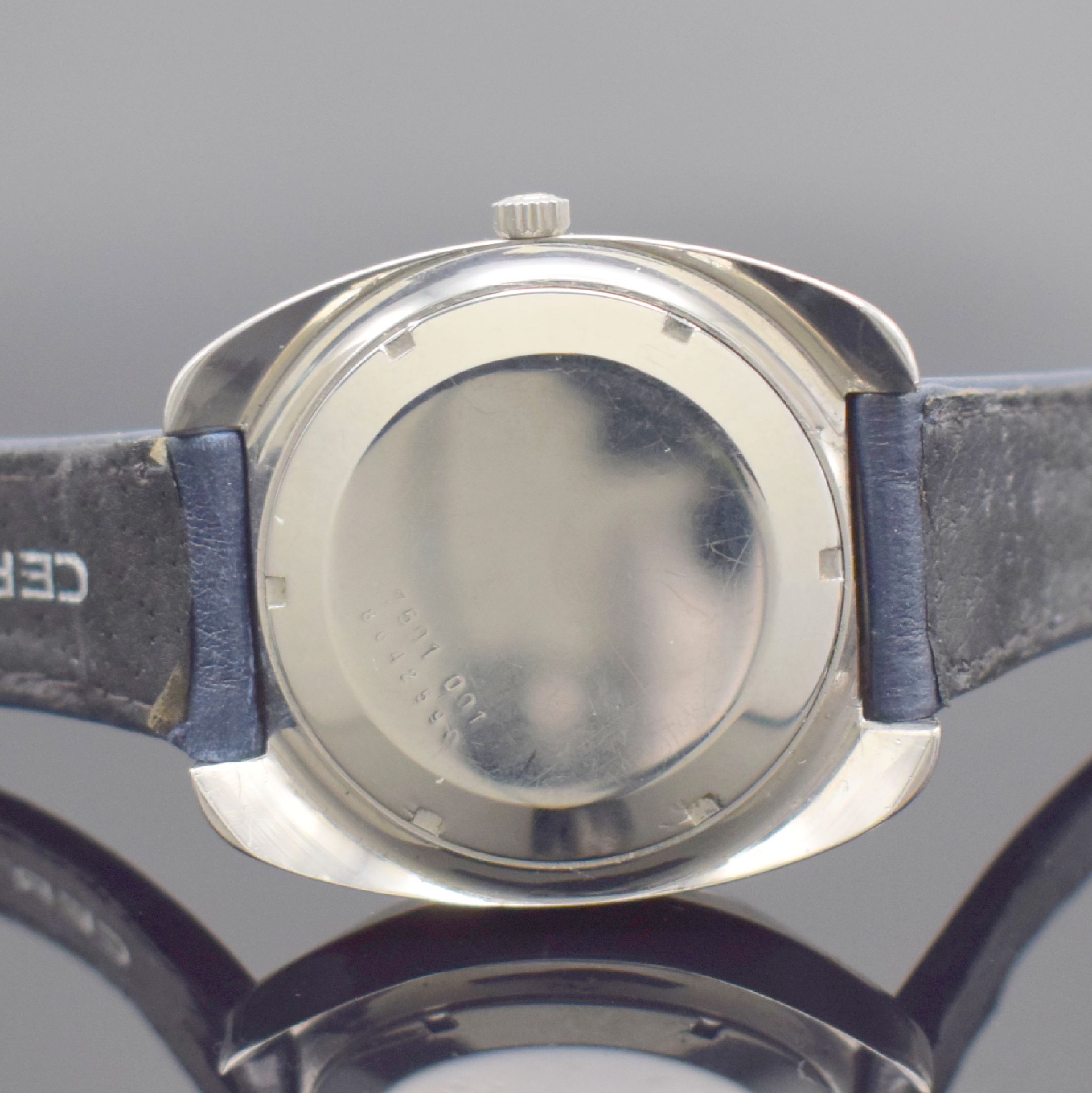 Detail d: CERTINA Biostar Electronic seltene Herrenarmbanduhr, Schweiz um 1968, elektro- mechanisches Werk, Ref. 7501 001, Edelstahl- geh., Boden innen m. ...