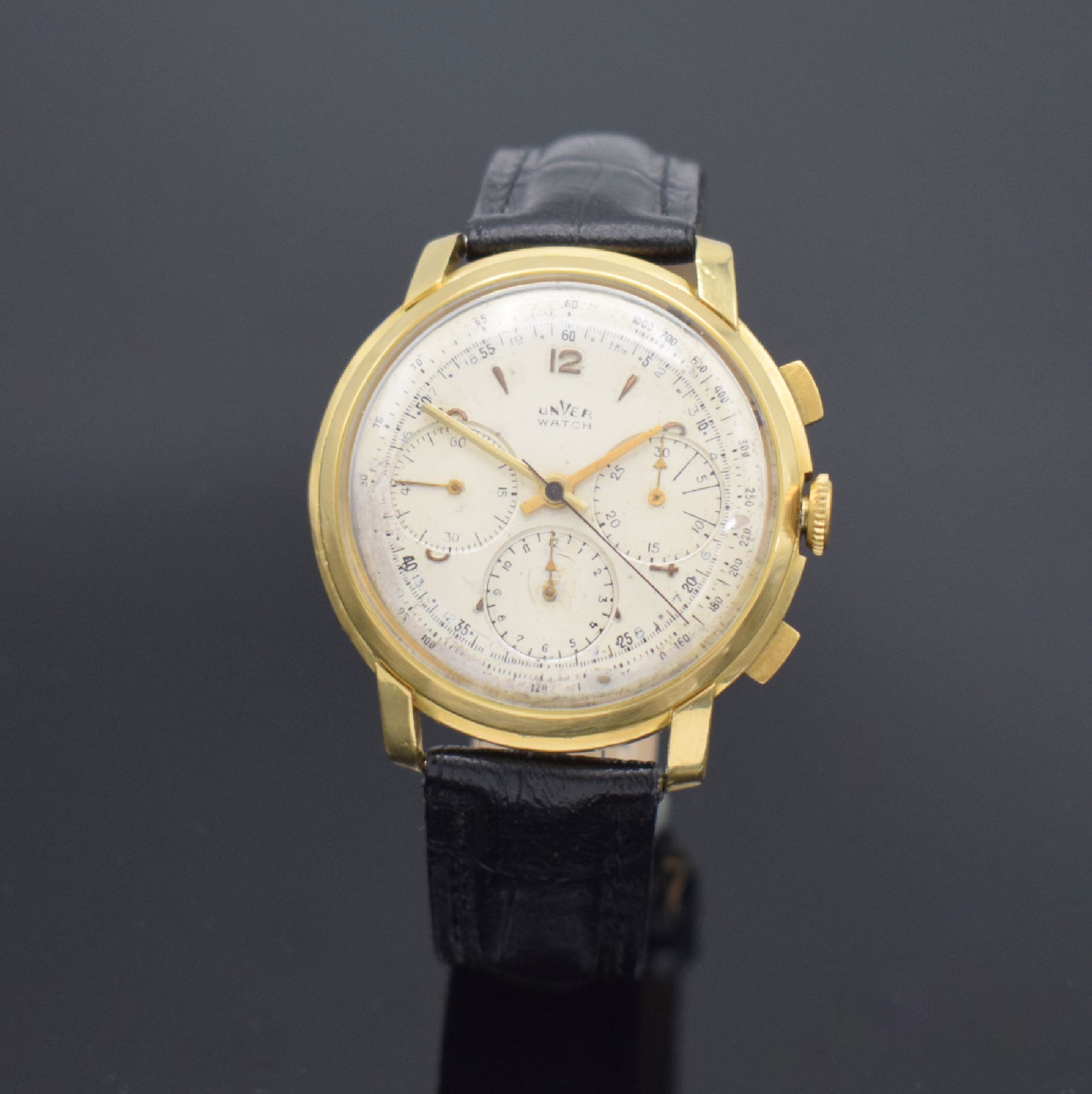 Detail b: UNVER "Universal Geneve" große Armbandchronograph in GG 750/000 mit Kaliber Valjoux 72, Schweiz um 1950, Handaufzug, 3- teil. Geh. dell., ...
