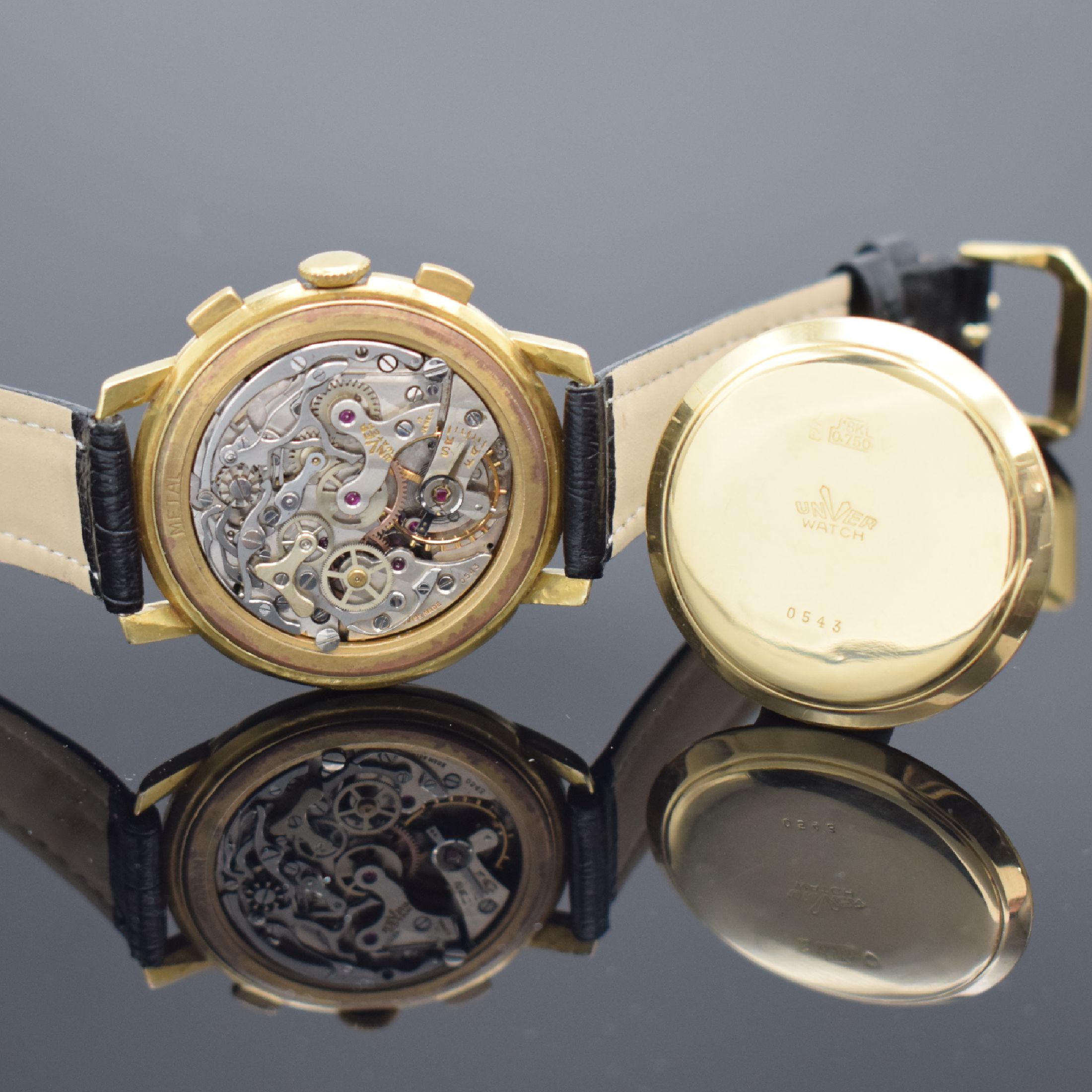 Detail f: UNVER "Universal Geneve" große Armbandchronograph in GG 750/000 mit Kaliber Valjoux 72, Schweiz um 1950, Handaufzug, 3- teil. Geh. dell., ...