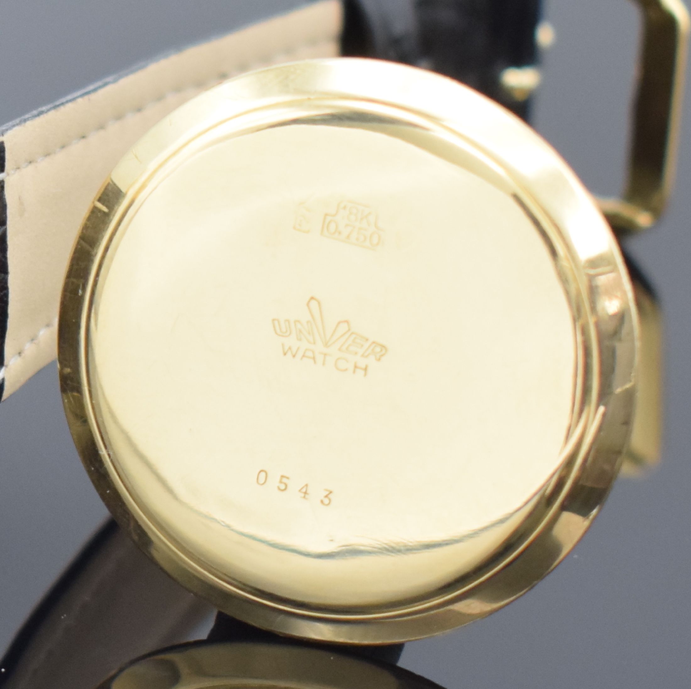 Detail h: UNVER "Universal Geneve" große Armbandchronograph in GG 750/000 mit Kaliber Valjoux 72, Schweiz um 1950, Handaufzug, 3- teil. Geh. dell., ...