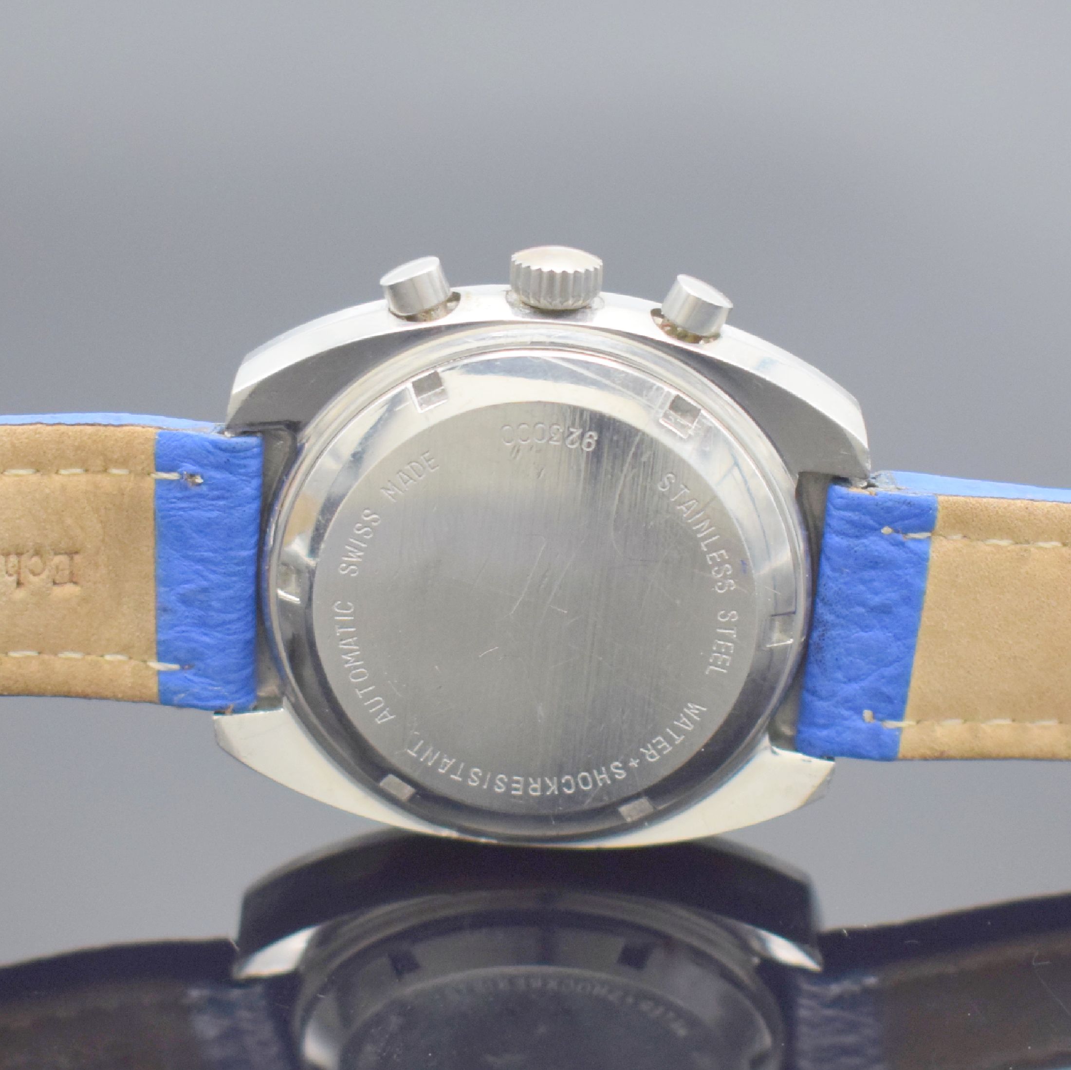 Detail c: BWC Armbandchronograph mit Kal. Lemania 1340, Schweiz um 1970, Automatik, tonneauförmiges Edelstahlgeh., Boden geschr., ausgefall. 2- farb. ...