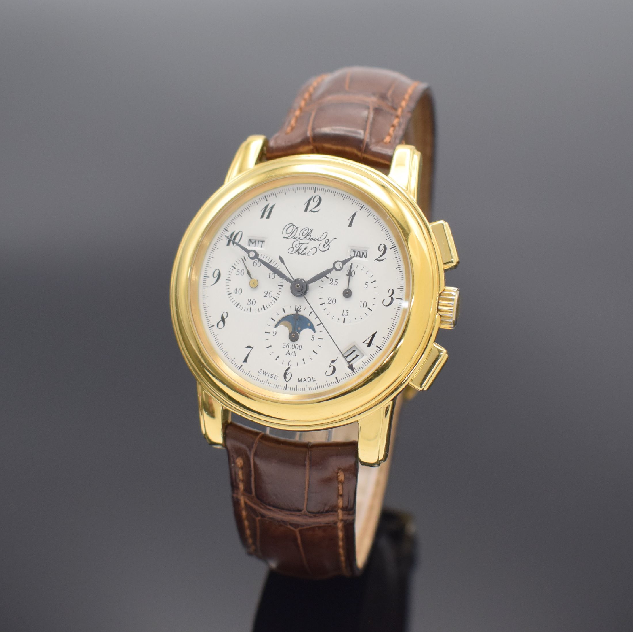 DUBOIS & FILS limitierte Herrenarmbanduhr mit Chronograph & Vollkalender Kal. El Primero 410 Referenz 1812, Schweiz um 1997, Automatik, verg., beids. ...