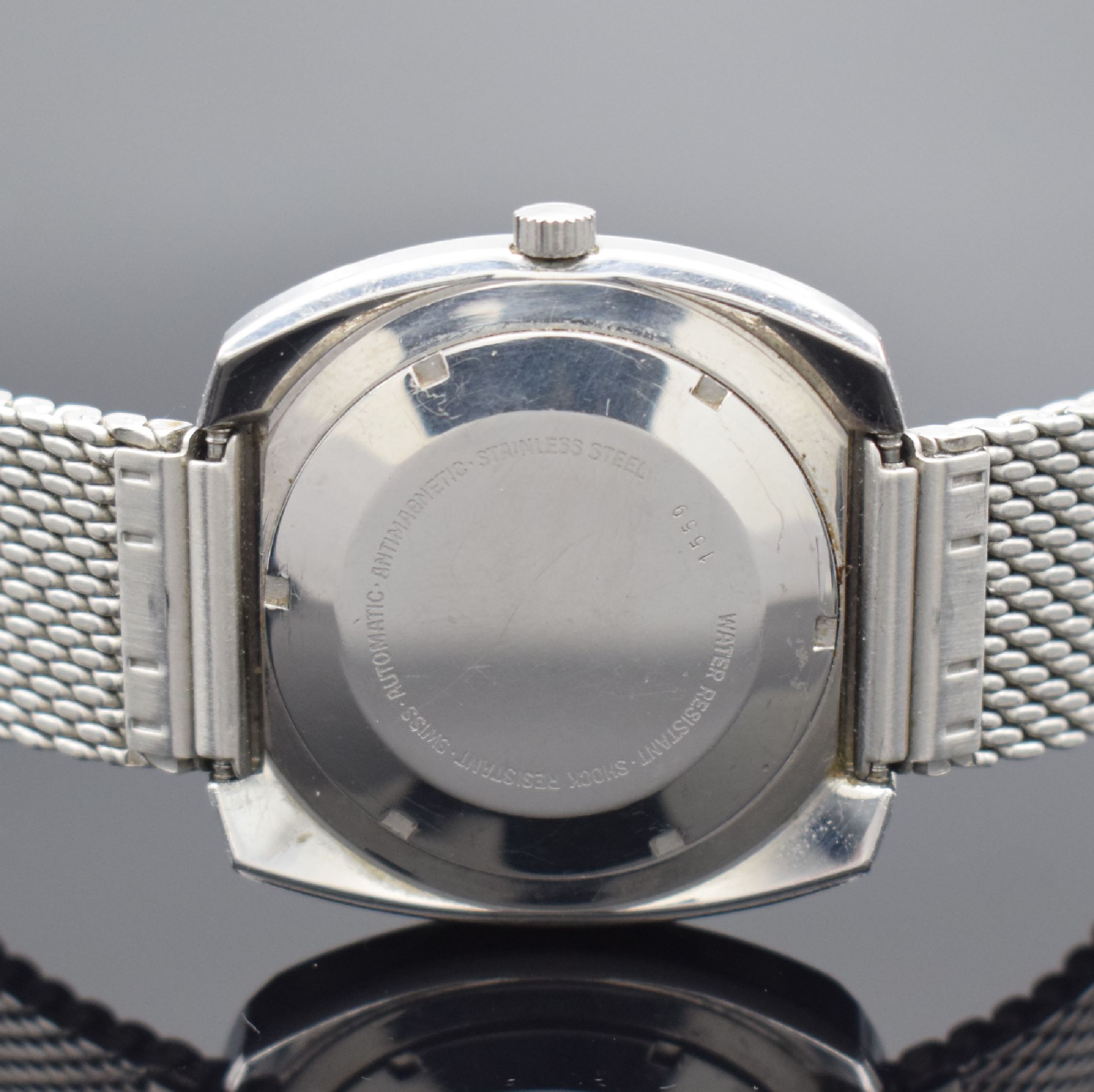 Detail c: BUCHERER Armbandchronometer in Edelstahl, Automatik, Schweiz um 1970, Boden verschr., neutr. Metallband, blaues Zifferbl. m. silb. Std.-Ind. & ...