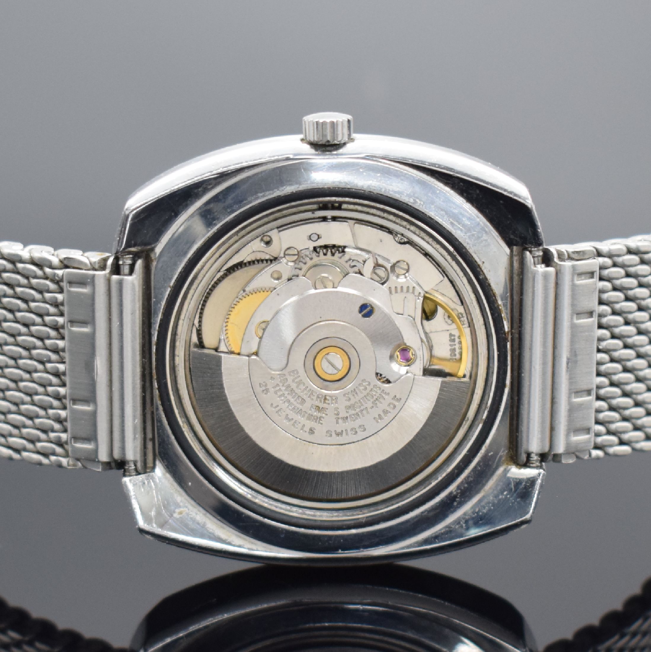 Detail d: BUCHERER Armbandchronometer in Edelstahl, Automatik, Schweiz um 1970, Boden verschr., neutr. Metallband, blaues Zifferbl. m. silb. Std.-Ind. & ...