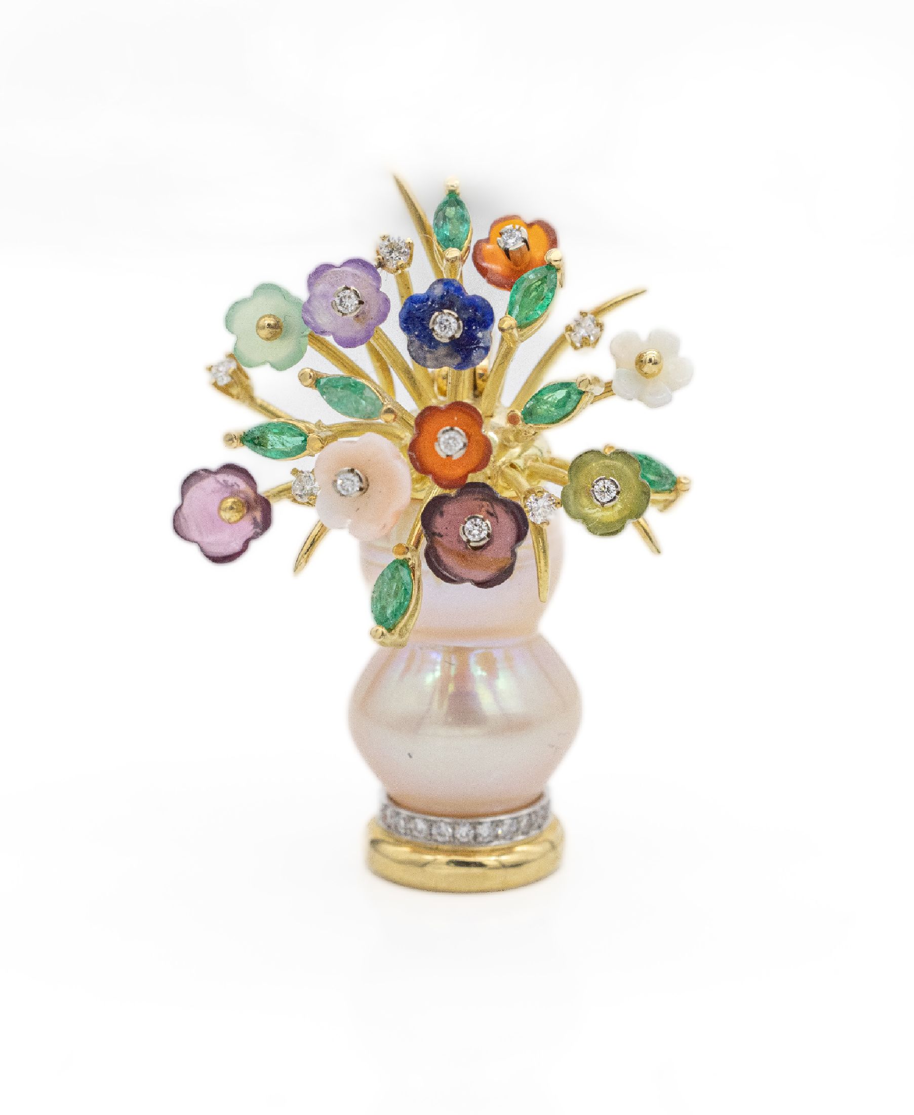 18 kt Gold Anhänger in Form einer Blumenvase, GG 750/000, Vase aus einer Süßwasserperle ca. 23.95 ct, 7 Smaragd-Navettes zus. ca. 0.52 ct, kl. ...