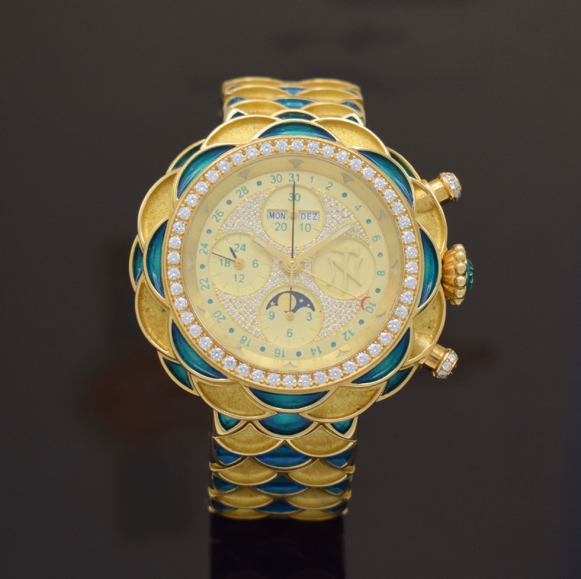 NIKLAUS TWERENBOLD einzigartiger Armbandchronograph in GG 750/000 mit Vollkalenderanzeige, Schweiz 2008, Automatik, massives Goldgeh. inkl. ...