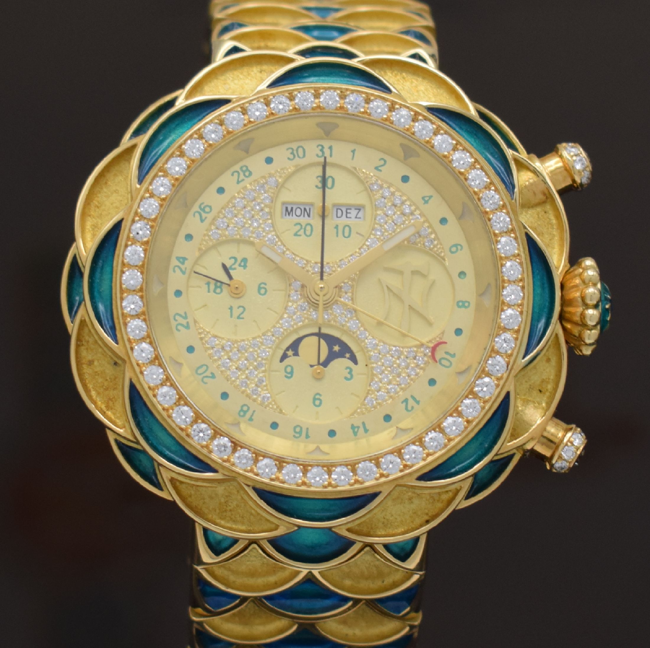 Detail a: NIKLAUS TWERENBOLD einzigartiger Armbandchronograph in GG 750/000 mit Vollkalenderanzeige, Schweiz 2008, Automatik, massives Goldgeh. inkl. ...