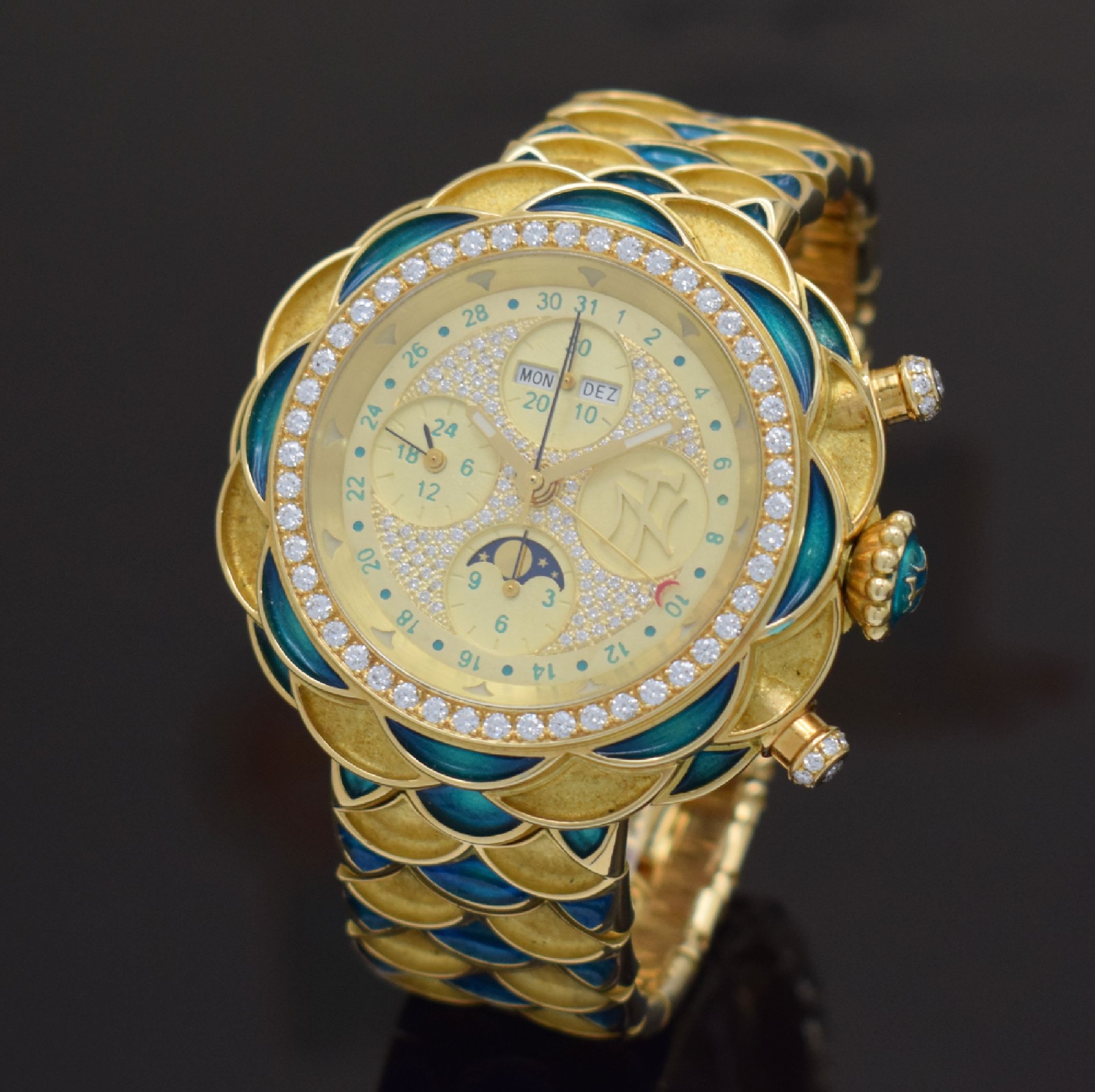 Detail b: NIKLAUS TWERENBOLD einzigartiger Armbandchronograph in GG 750/000 mit Vollkalenderanzeige, Schweiz 2008, Automatik, massives Goldgeh. inkl. ...