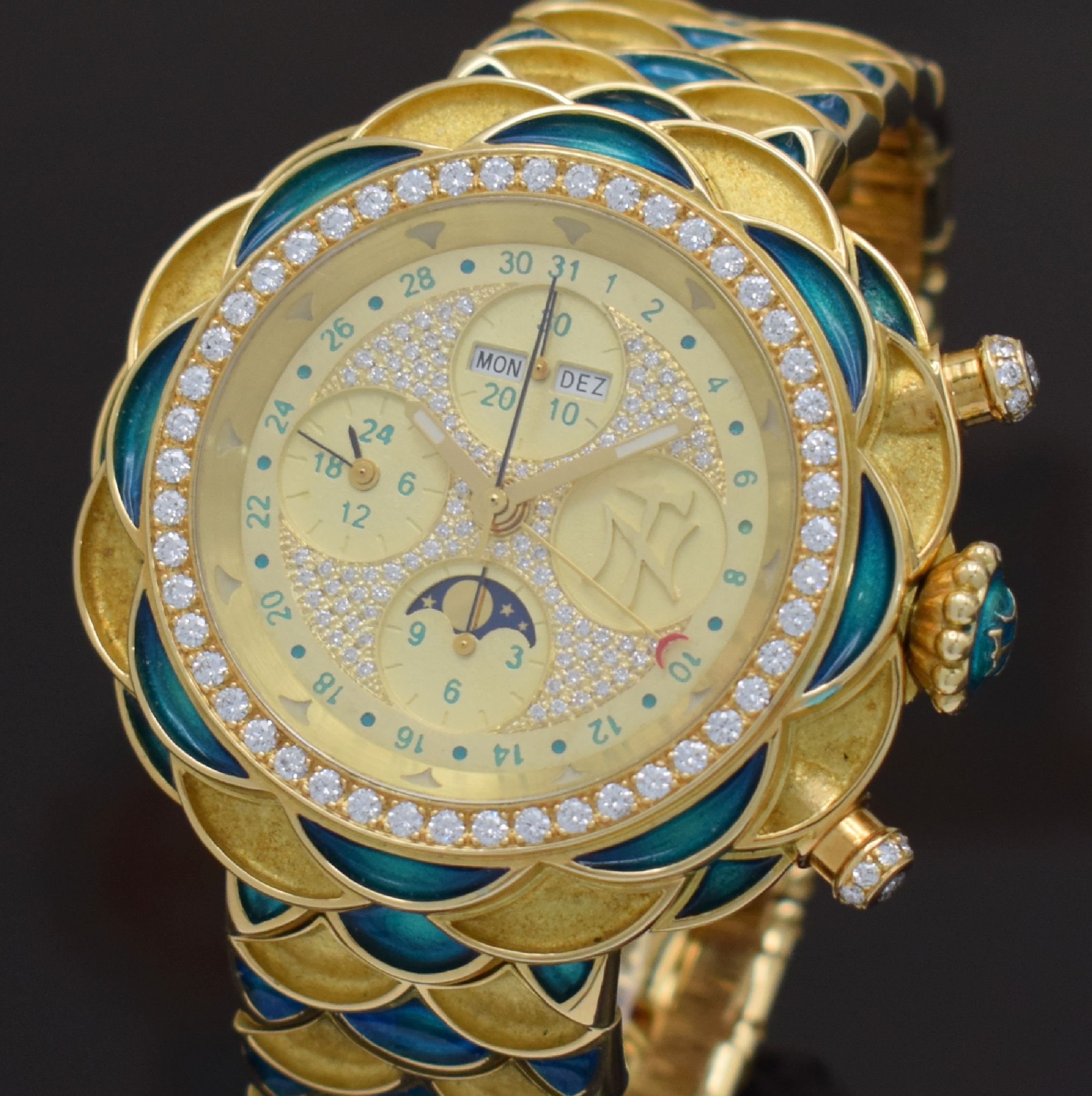 Detail c: NIKLAUS TWERENBOLD einzigartiger Armbandchronograph in GG 750/000 mit Vollkalenderanzeige, Schweiz 2008, Automatik, massives Goldgeh. inkl. ...