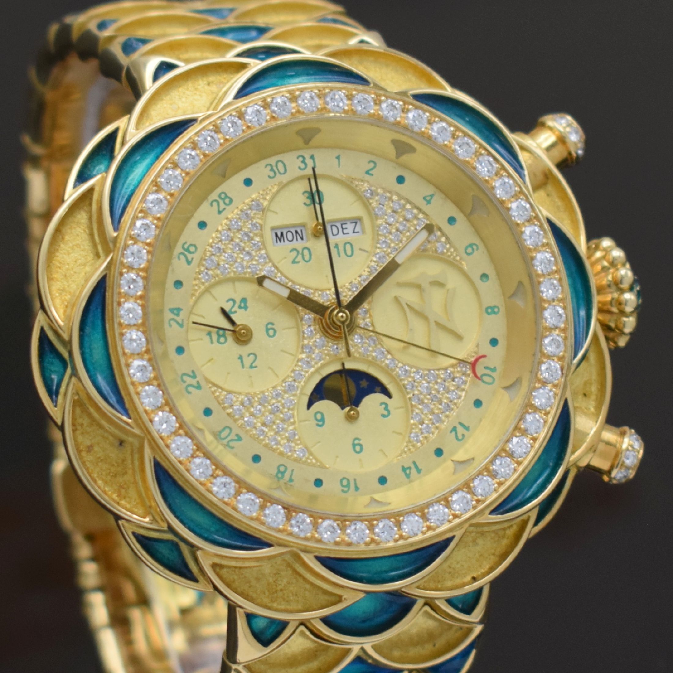 Detail e: NIKLAUS TWERENBOLD einzigartiger Armbandchronograph in GG 750/000 mit Vollkalenderanzeige, Schweiz 2008, Automatik, massives Goldgeh. inkl. ...