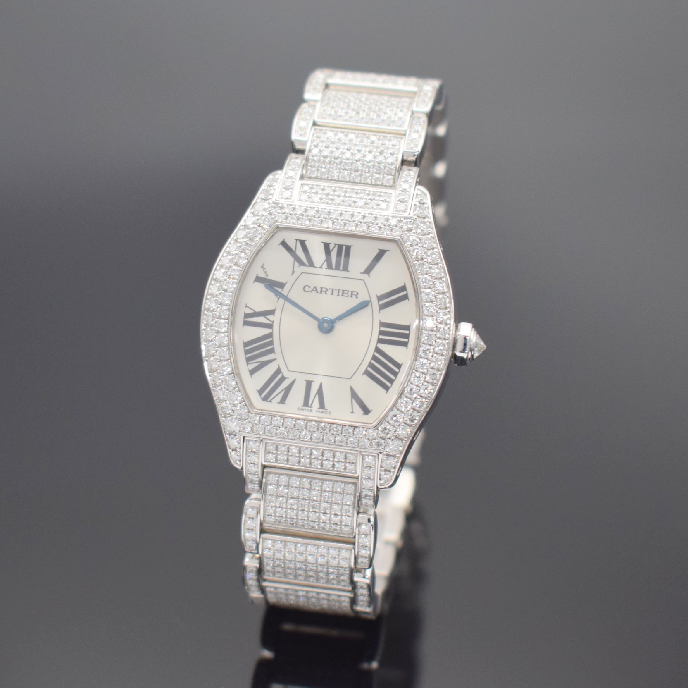 CARTIER hochfeine & seltene Damenarmbanduhr Serie Tortue in WG 750/000 an Gliederband mit original Brillantbesatz Referenz WA5049MC, Handaufzug, ...