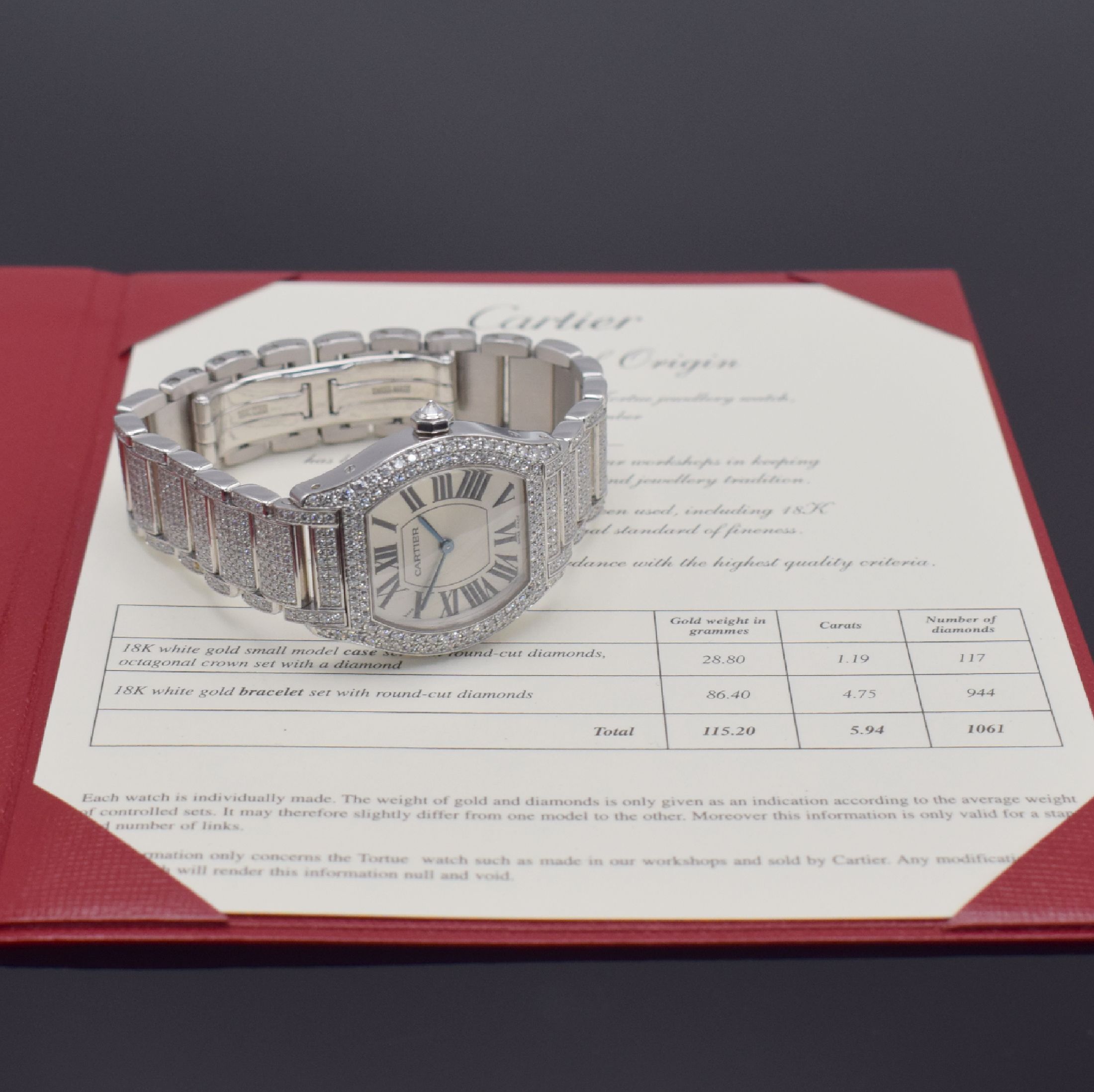 Detail j: CARTIER hochfeine & seltene Damenarmbanduhr Serie Tortue in WG 750/000 an Gliederband mit original Brillantbesatz Referenz WA5049MC, Handaufzug, ...