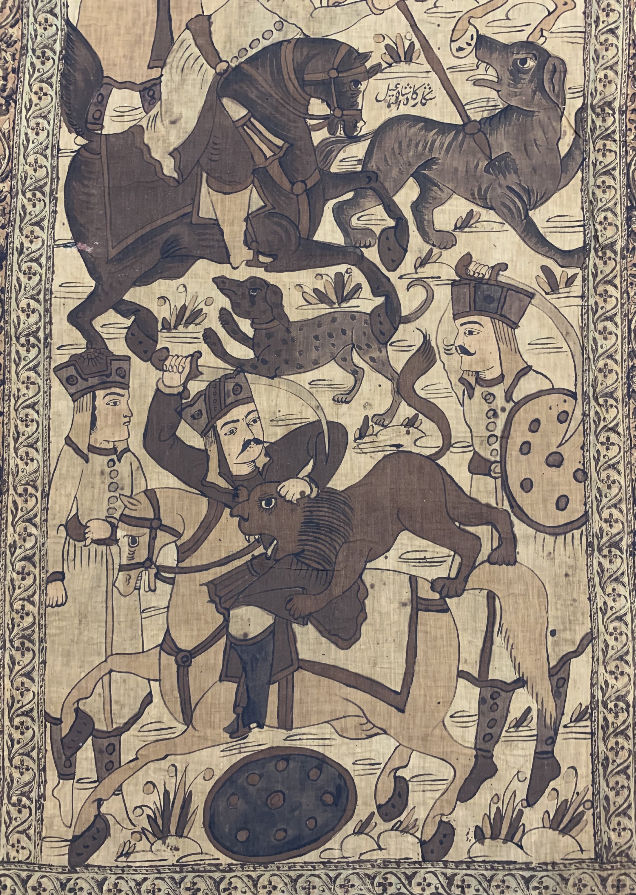 Detail c: Kerman"Ghalamkar" antik, Persien, um 1920, Stoffmalerei, ca. 240 x 122 cm, Shah Esmail Jagdszene, EHZ: 2,Ränder leicht beschädigt.