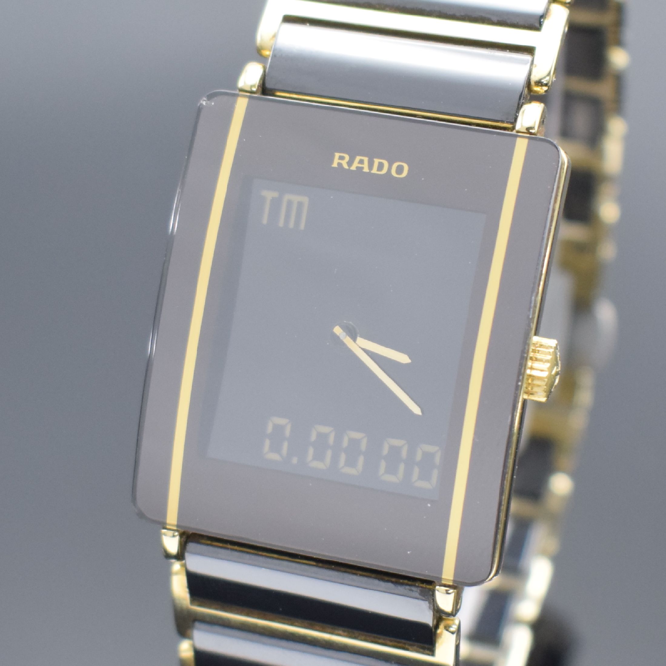 Detail e: RADO Diastar Armbanduhr mit digitaler Multifunktionsanzeige, Schweiz um 2005, quarz, Ref. 193.0456.3, verg. Geh., Stahlboden 4-fach verschr., orig. ...